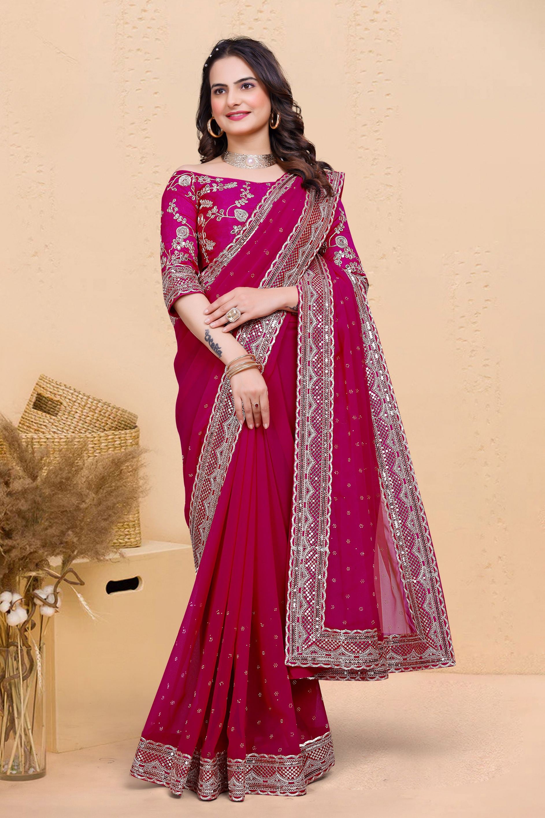 Rani Soft Georgette Sequence Butti & Heavy Lace Border Saree