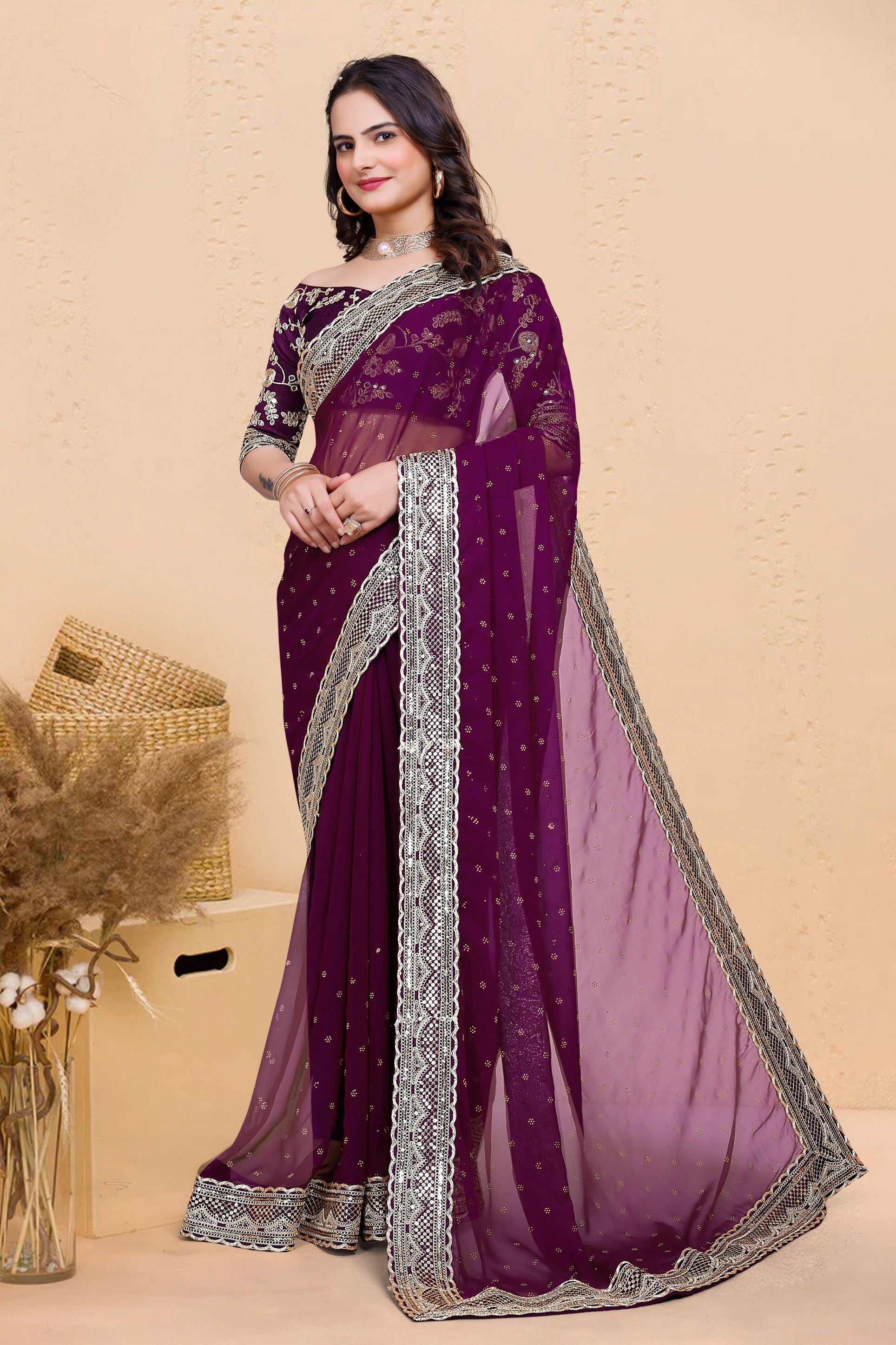 Purple Soft Georgette Sequence Butti & Heavy Lace Border Saree