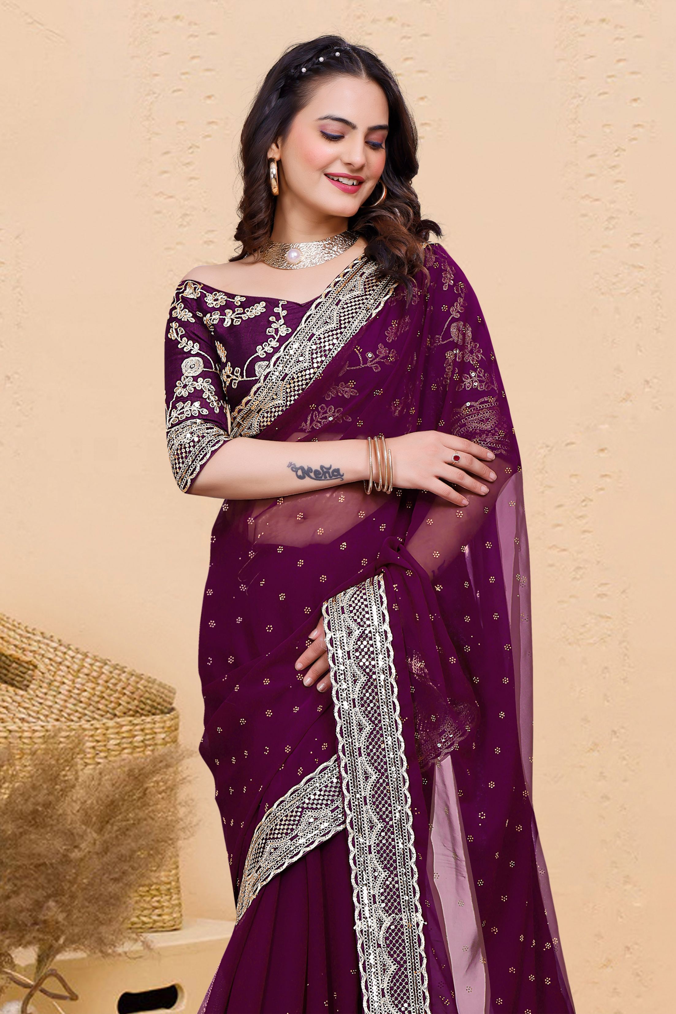 Purple Soft Georgette Sequence Butti & Heavy Lace Border Saree
