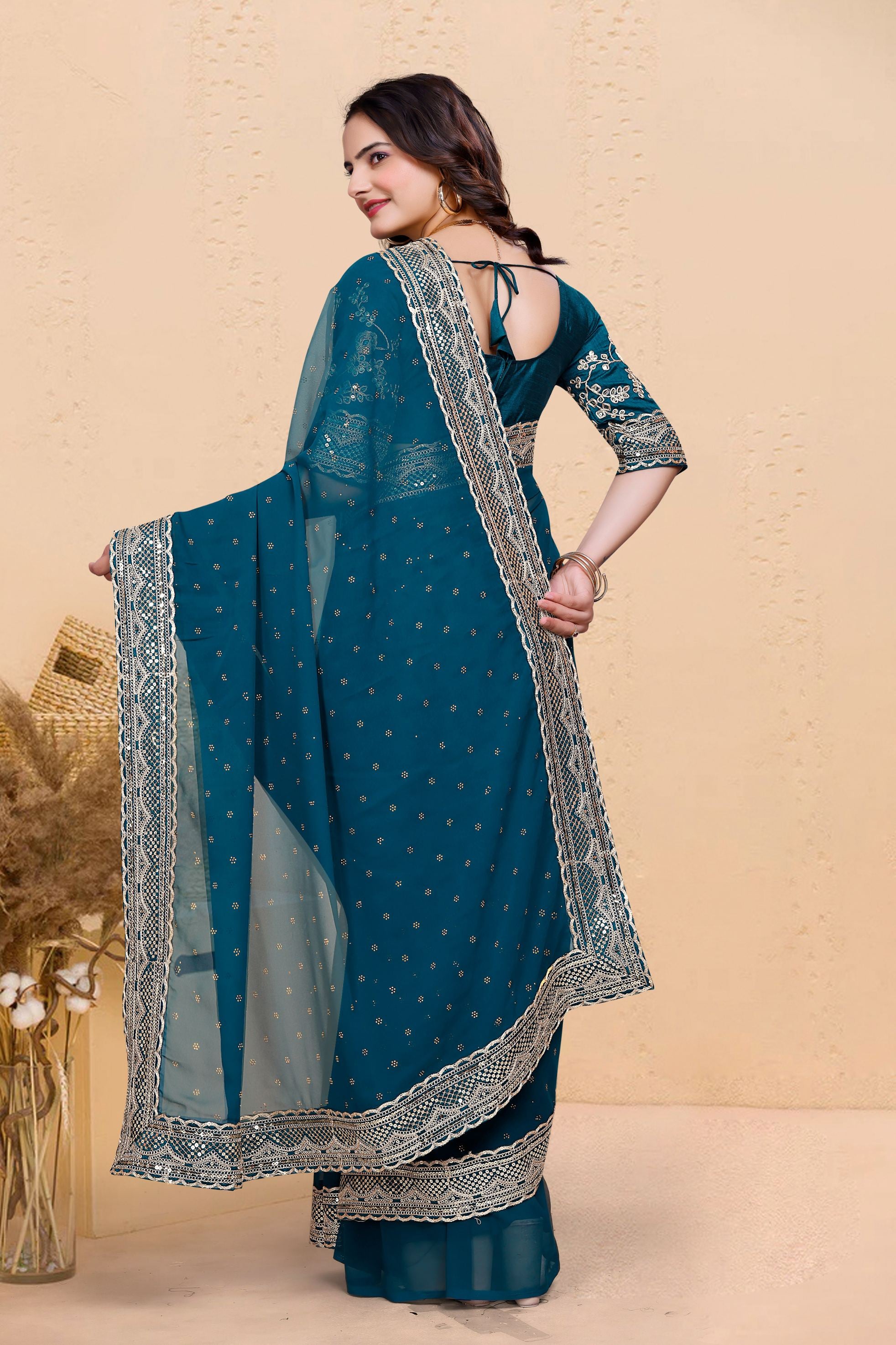 Rama Blue Soft Georgette Sequence Butti & Heavy Lace Border Saree