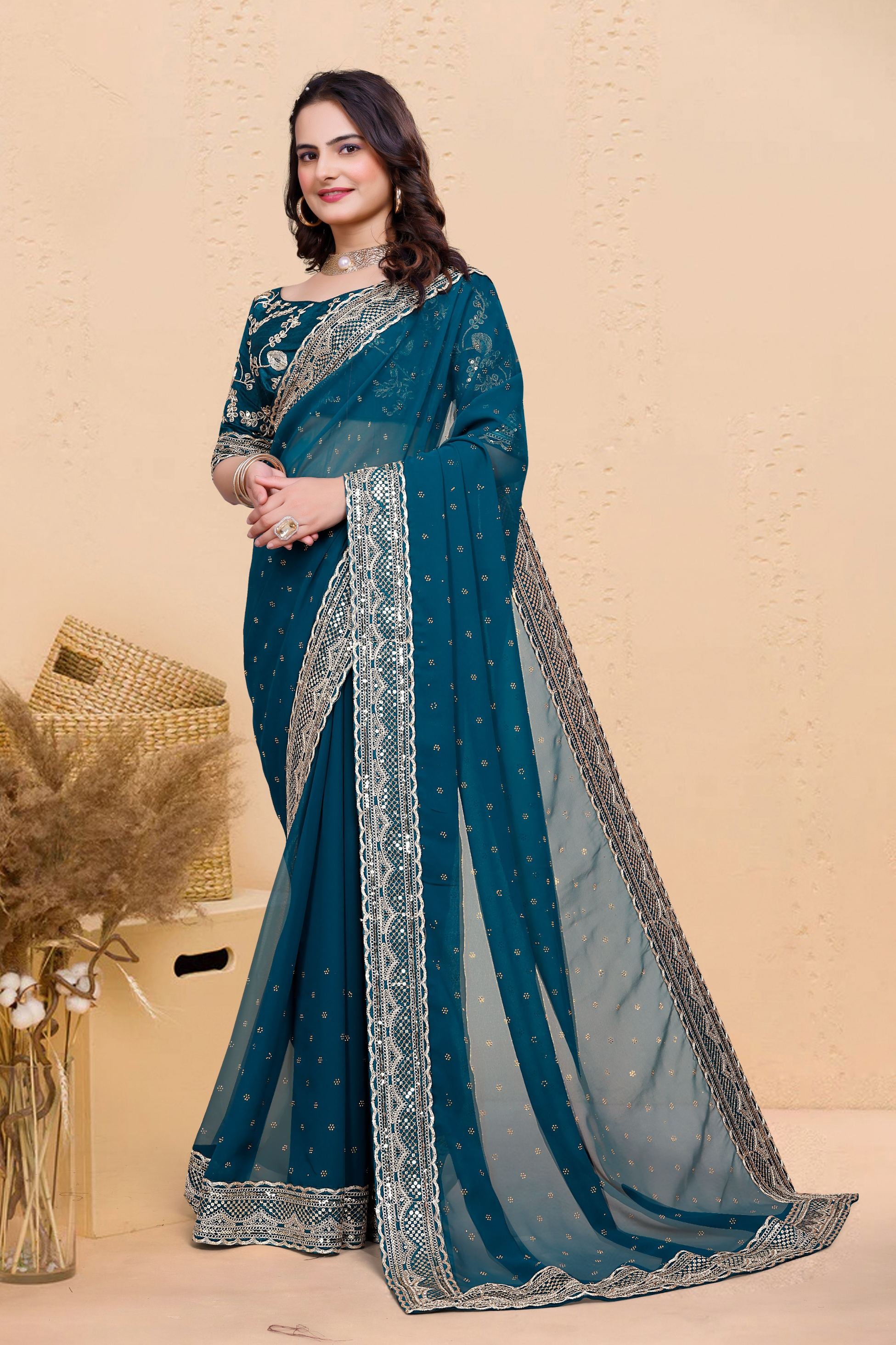 Rama Blue Soft Georgette Sequence Butti & Heavy Lace Border Saree