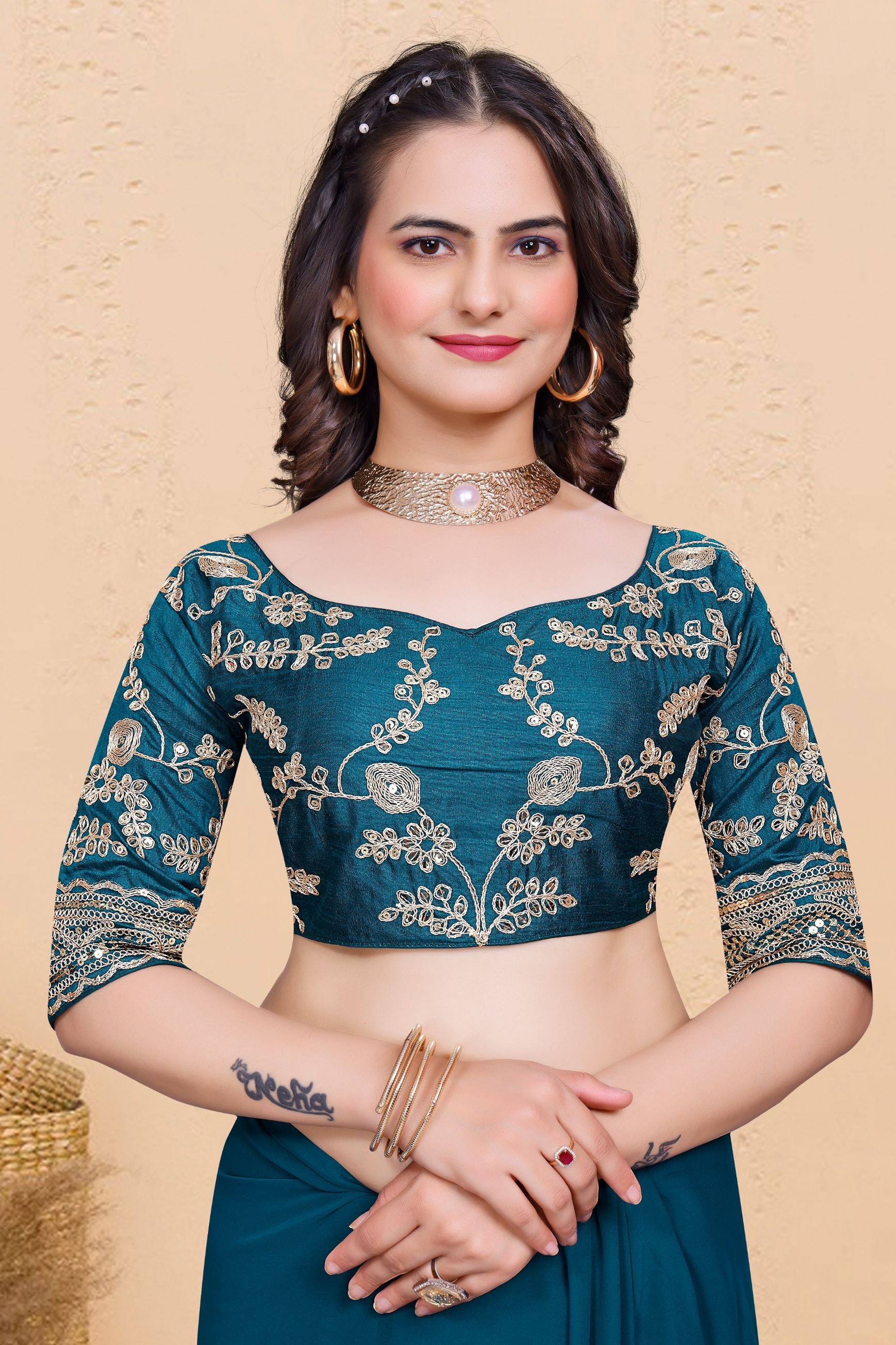 Rama Blue Soft Georgette Sequence Butti & Heavy Lace Border Saree