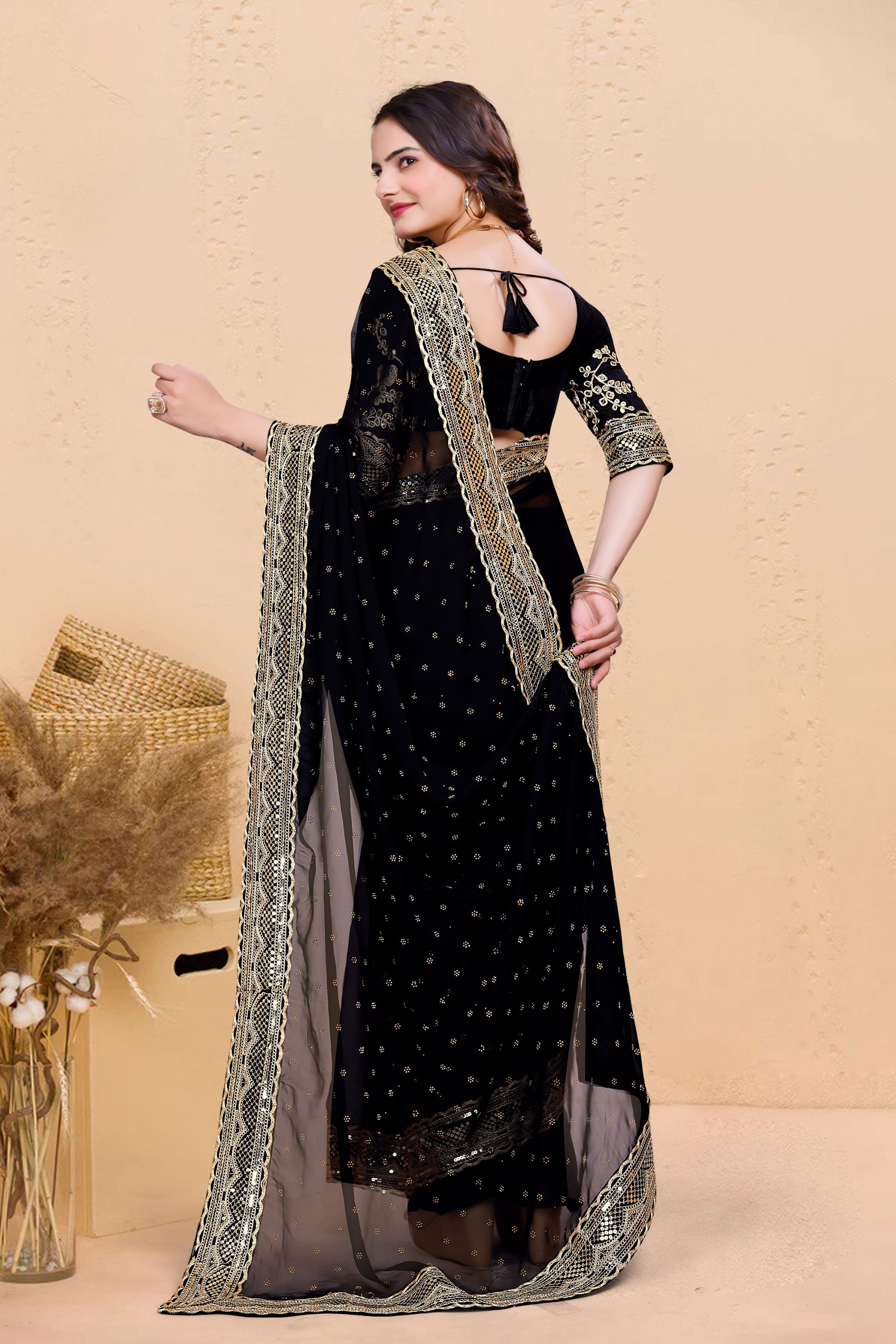 Black Soft Georgette Sequence Butti & Heavy Lace Border Saree