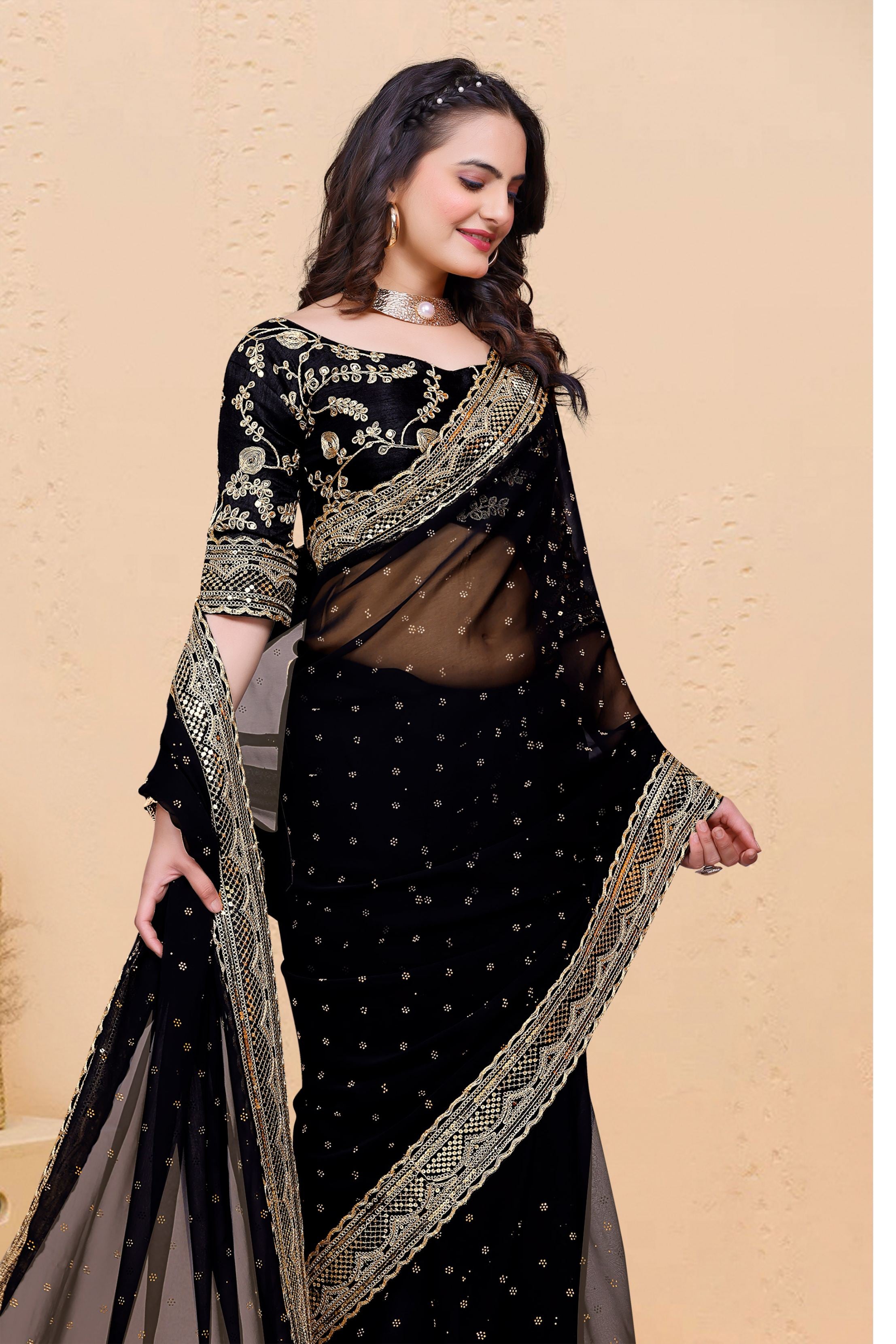 Black Soft Georgette Sequence Butti & Heavy Lace Border Saree