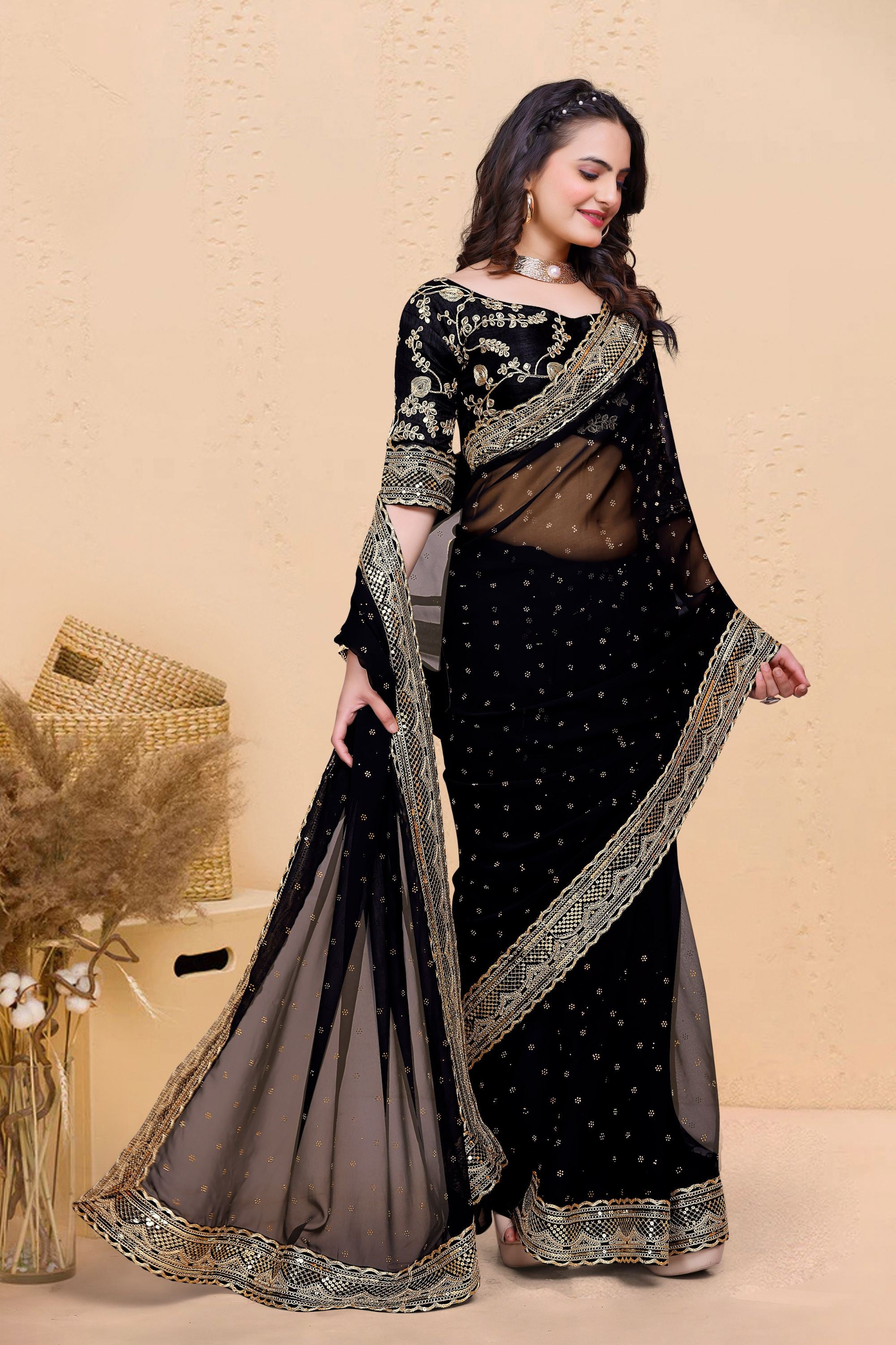 Black Soft Georgette Sequence Butti & Heavy Lace Border Saree