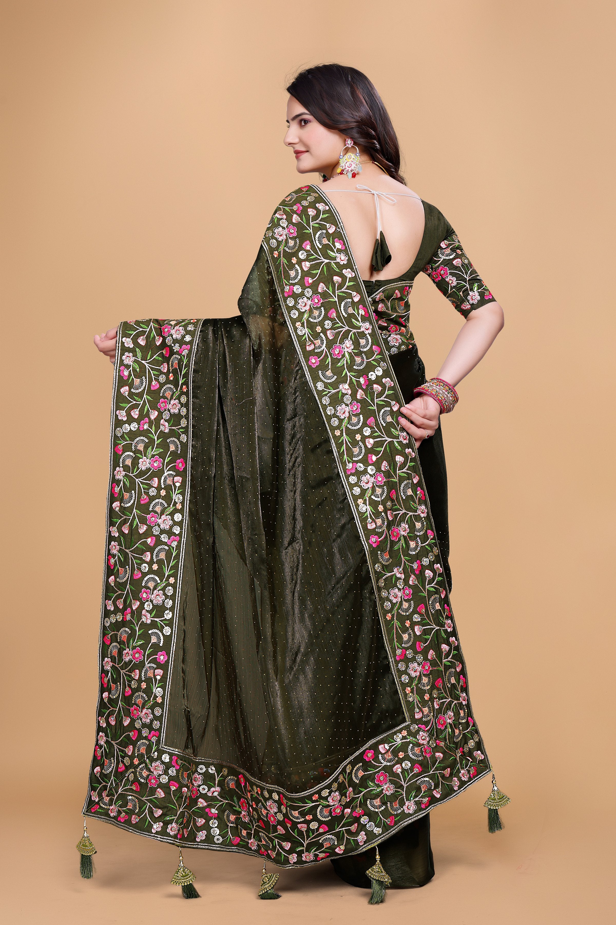 Mehendi Green Chiffon Floral Embroidery With Resham Thread & Sequence Work Saree