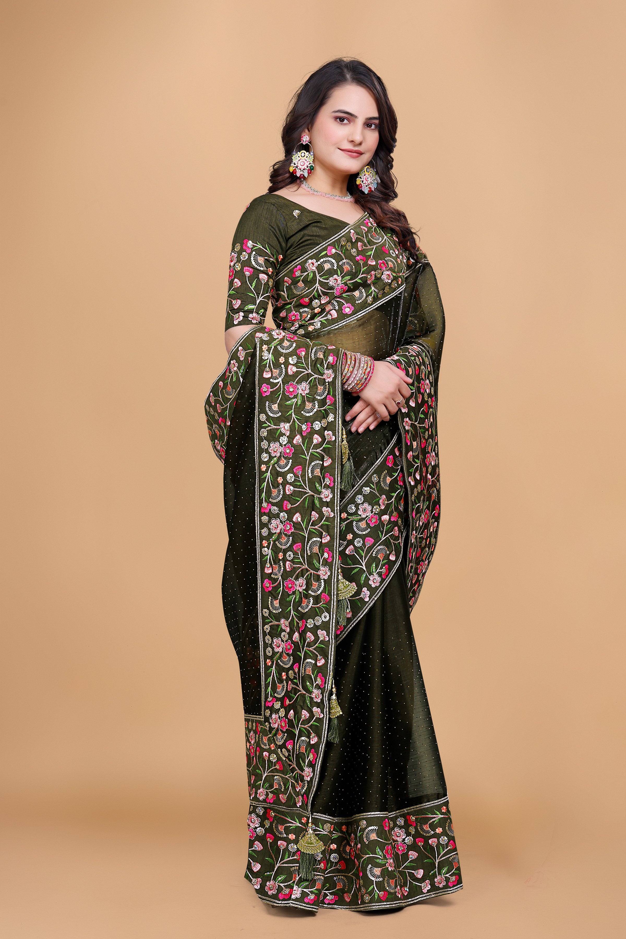 Mehendi Green Chiffon Floral Embroidery With Resham Thread & Sequence Work Saree