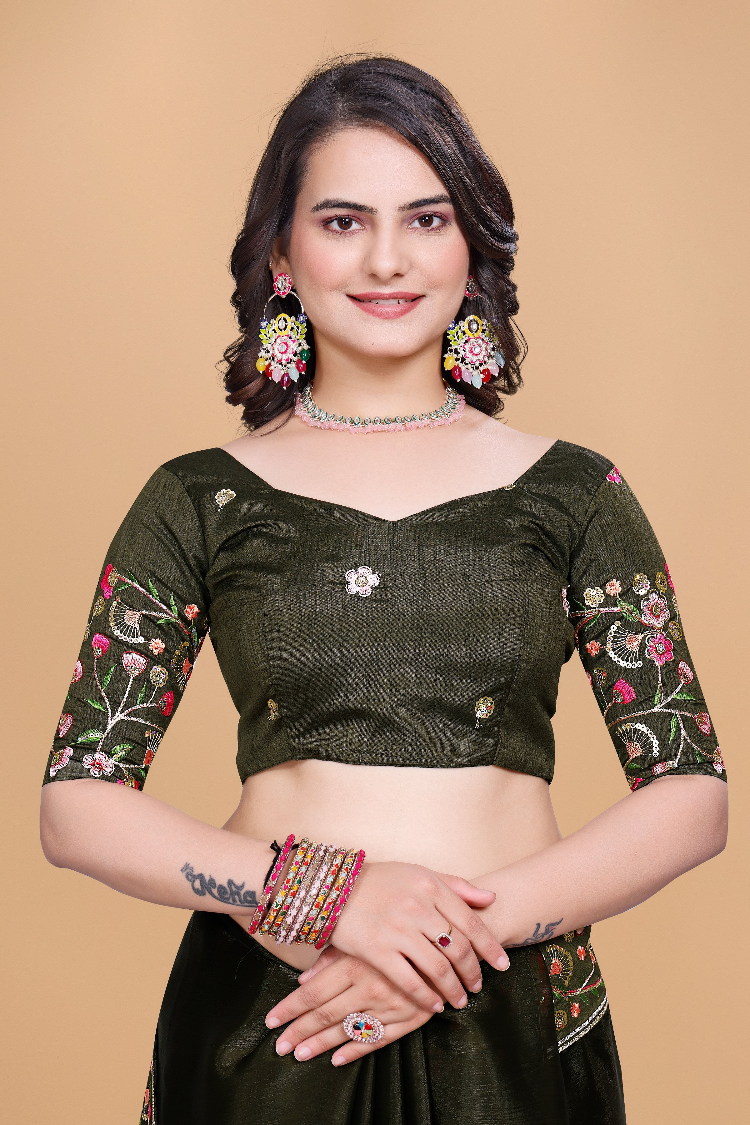 Mehendi Green Chiffon Floral Embroidery With Resham Thread & Sequence Work Saree