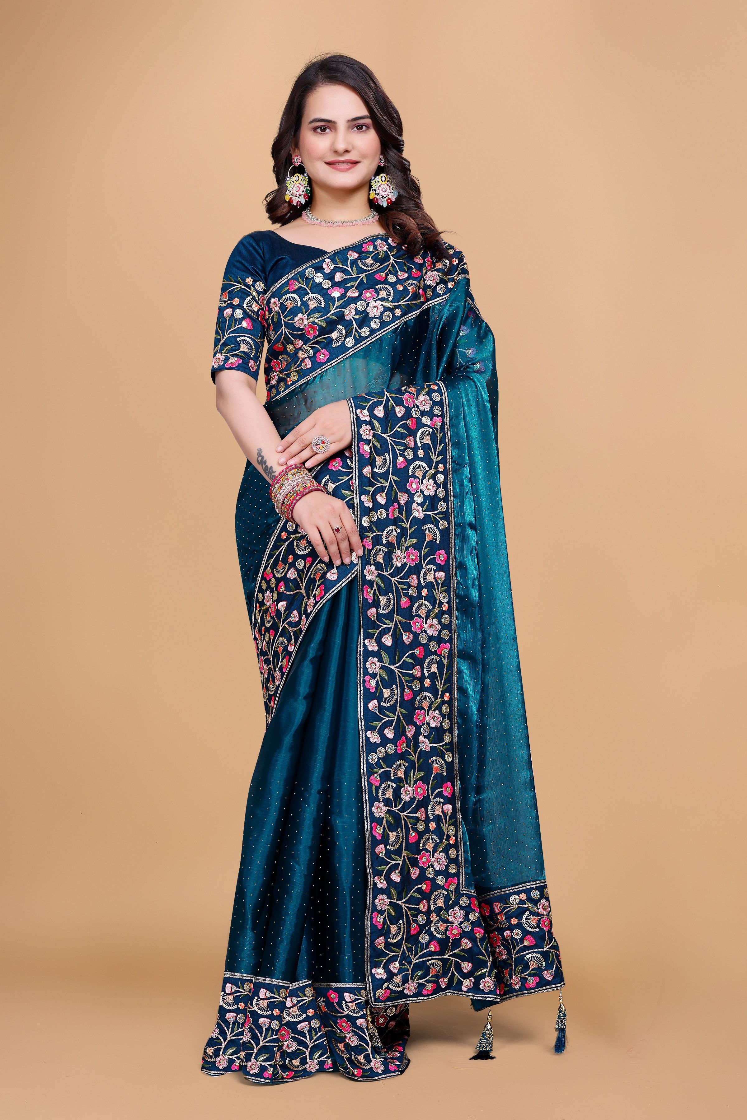 Peacock Blue Chiffon Floral Embroidery With Resham Thread & Sequence Work Saree