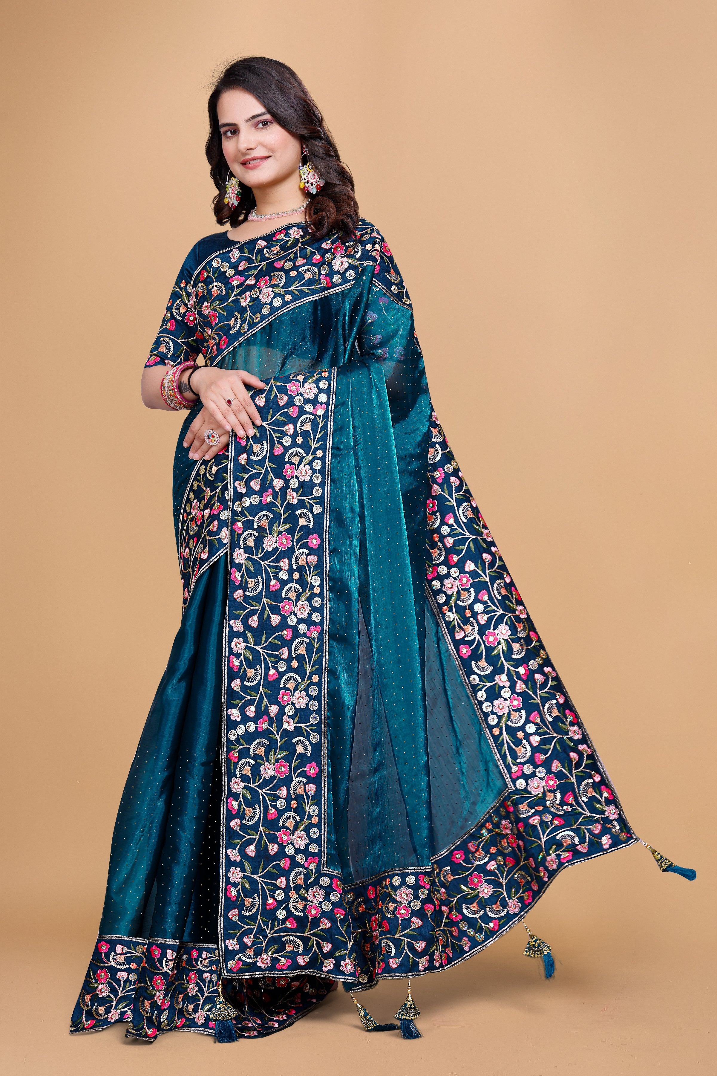 Peacock Blue Chiffon Floral Embroidery With Resham Thread & Sequence Work Saree