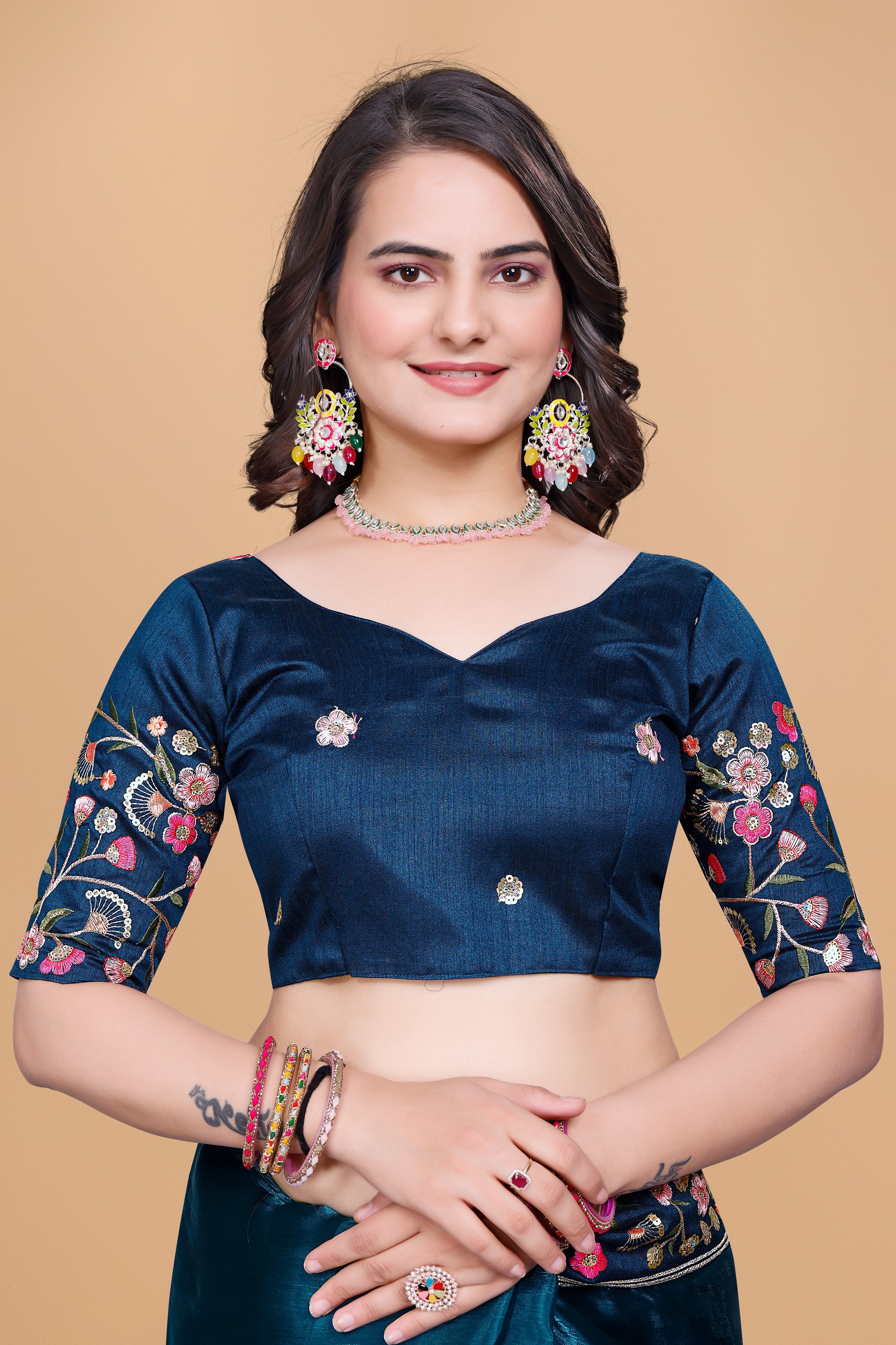 Peacock Blue Chiffon Floral Embroidery With Resham Thread & Sequence Work Saree