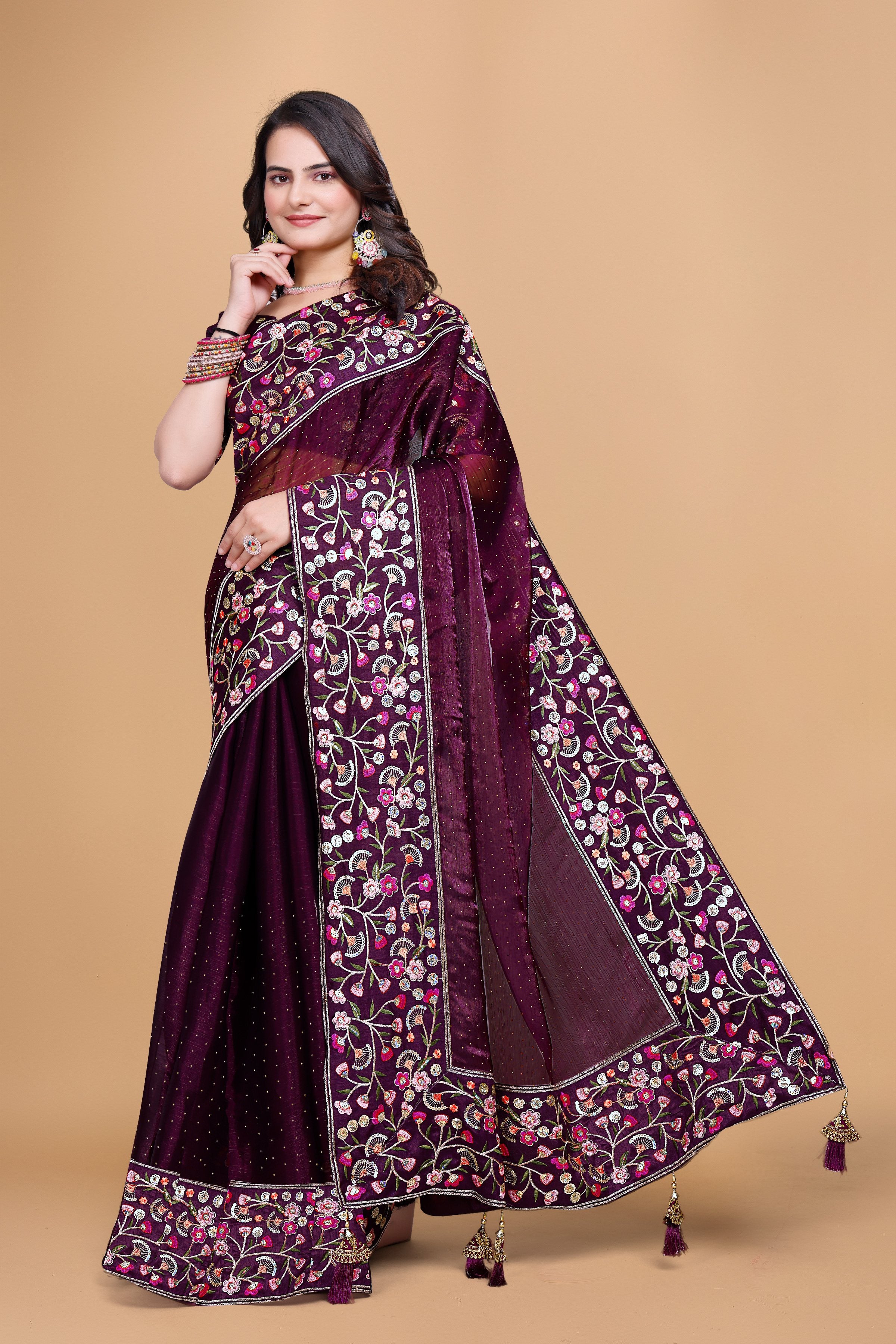 Wine Chiffon Floral Embroidery With Resham Thread & Sequence Work Saree