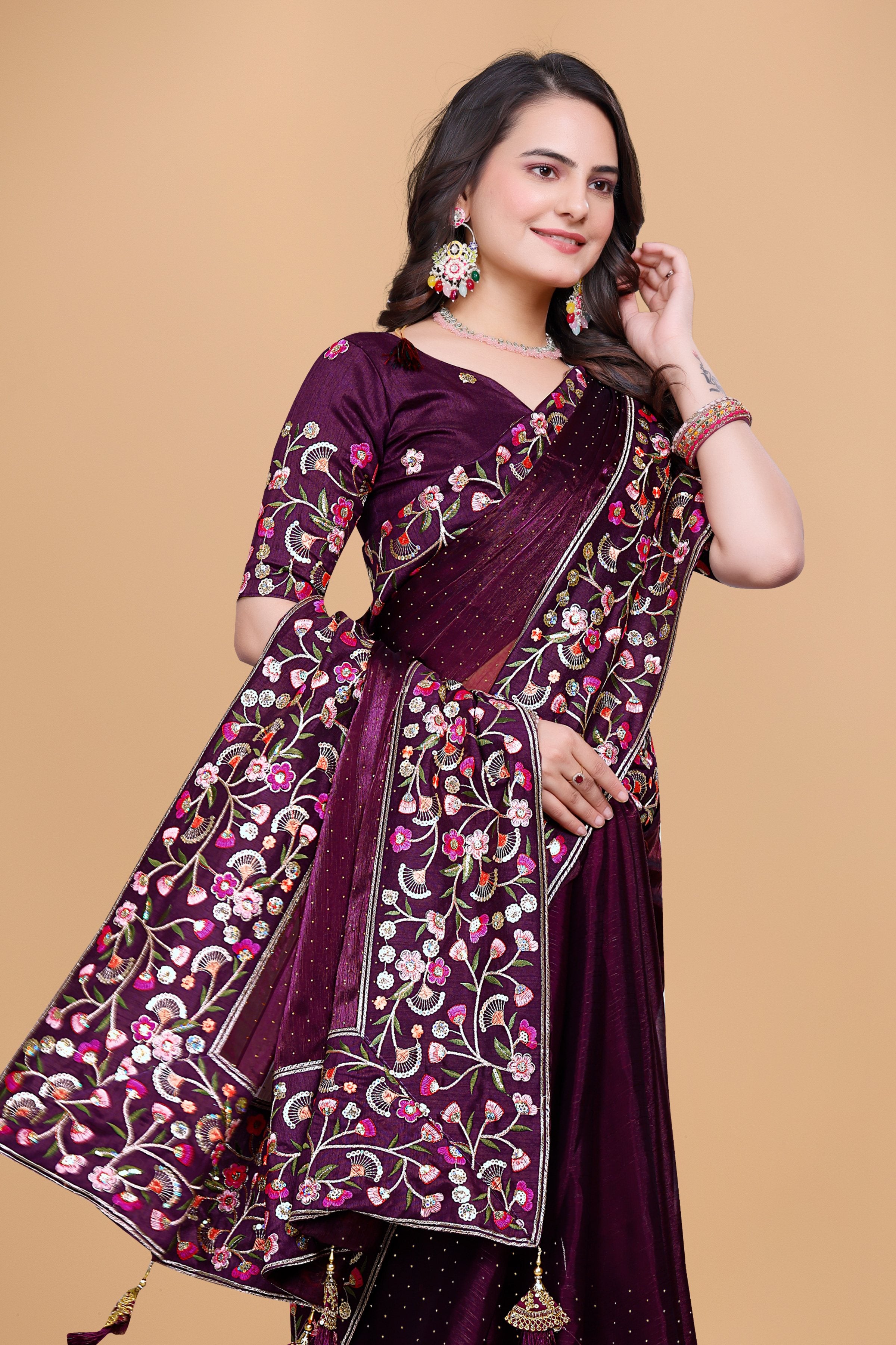 Wine Chiffon Floral Embroidery With Resham Thread & Sequence Work Saree