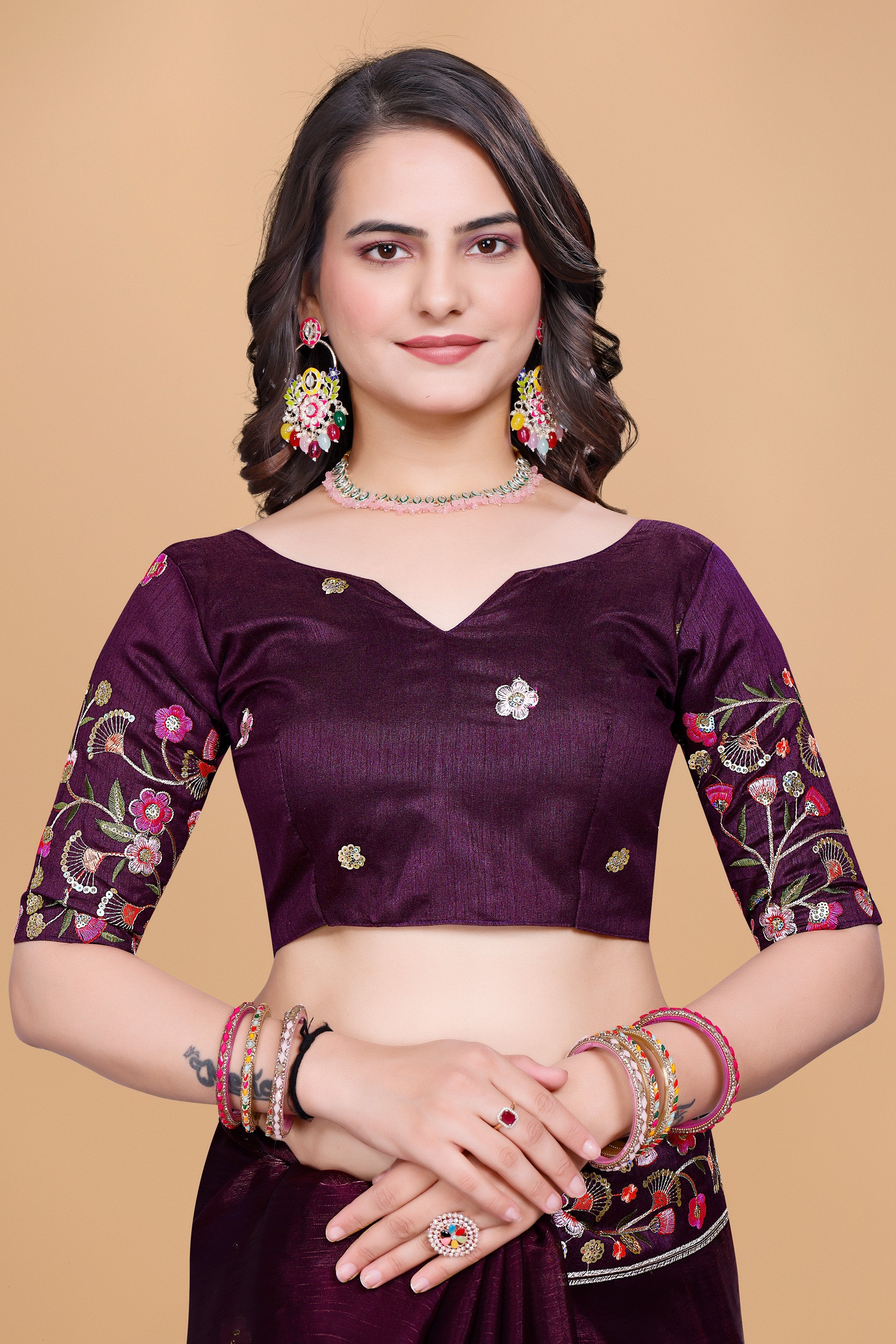 Wine Chiffon Floral Embroidery With Resham Thread & Sequence Work Saree