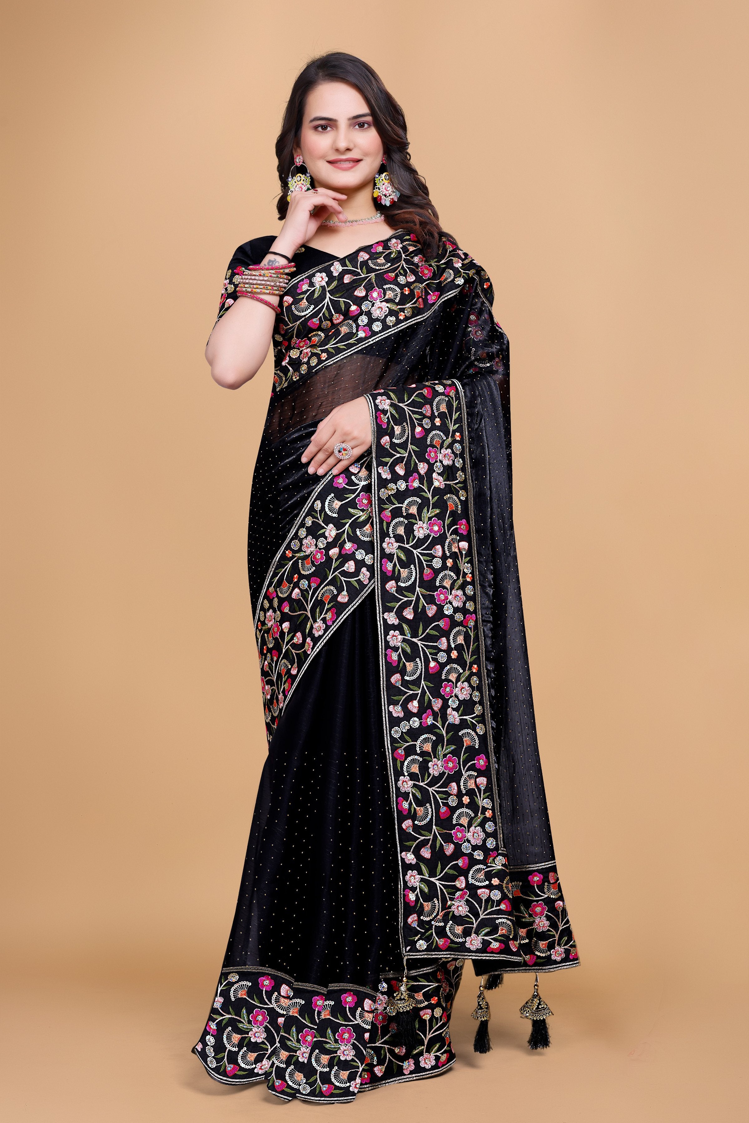 Black Chiffon Floral Embroidery With Resham Thread & Sequence Work Saree