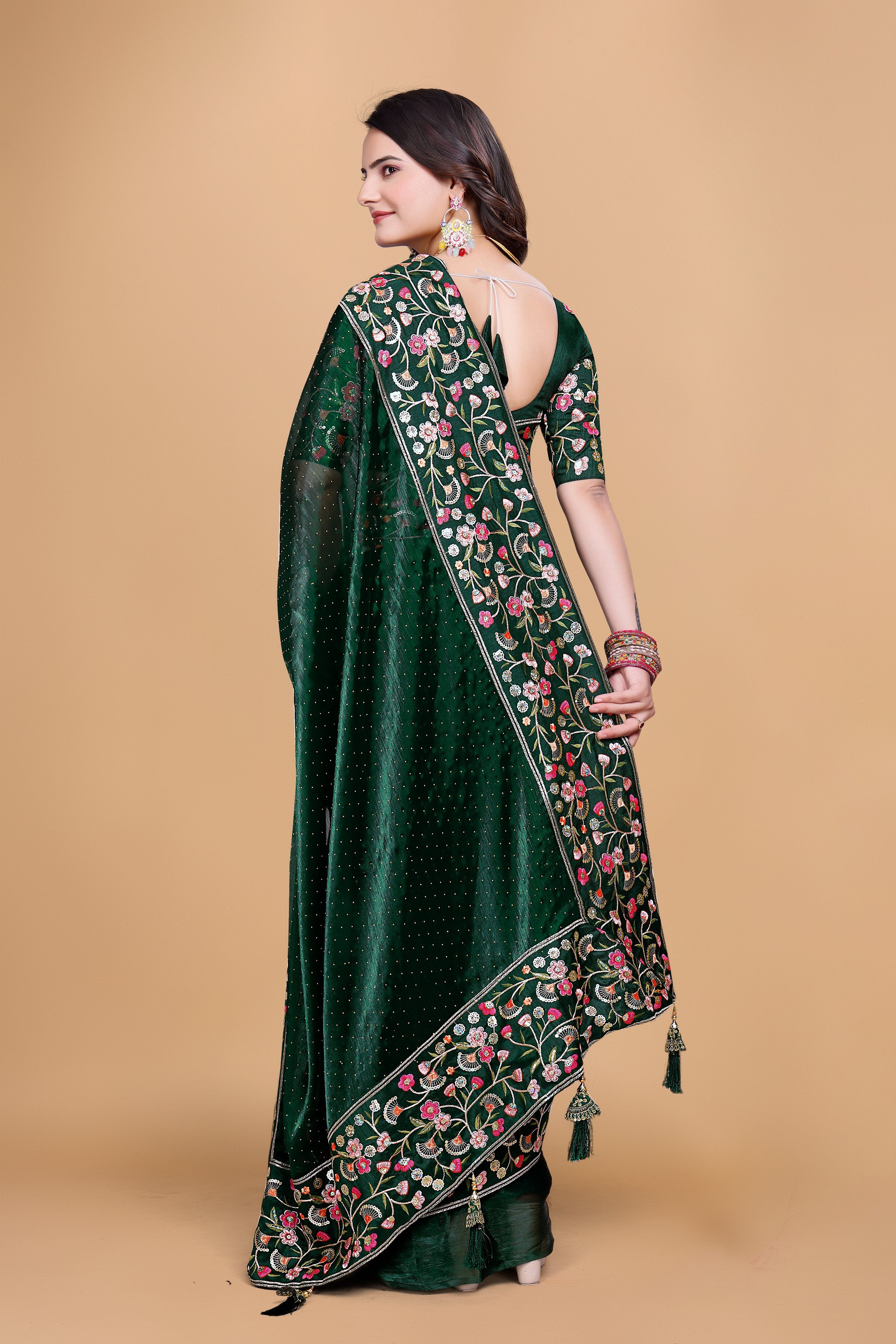 Green Chiffon Floral Embroidery With Resham Thread & Sequence Work Saree