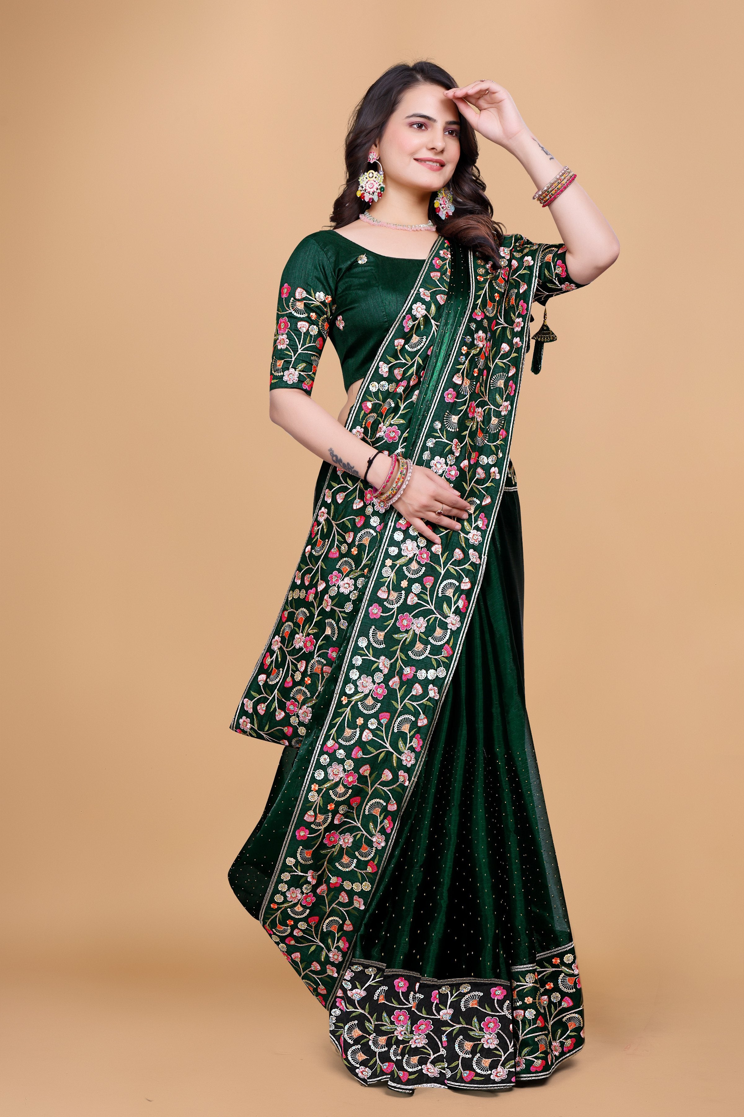 Green Chiffon Floral Embroidery With Resham Thread & Sequence Work Saree