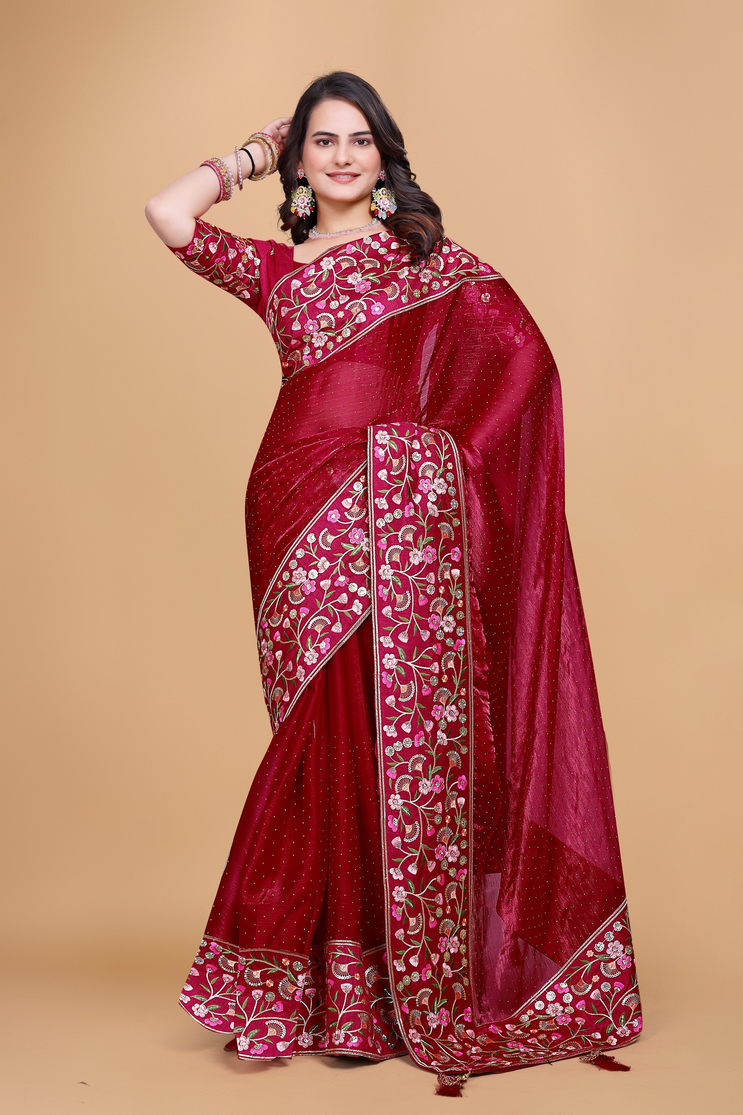 Red Chiffon Floral Embroidery With Resham Thread & Sequence Work Saree