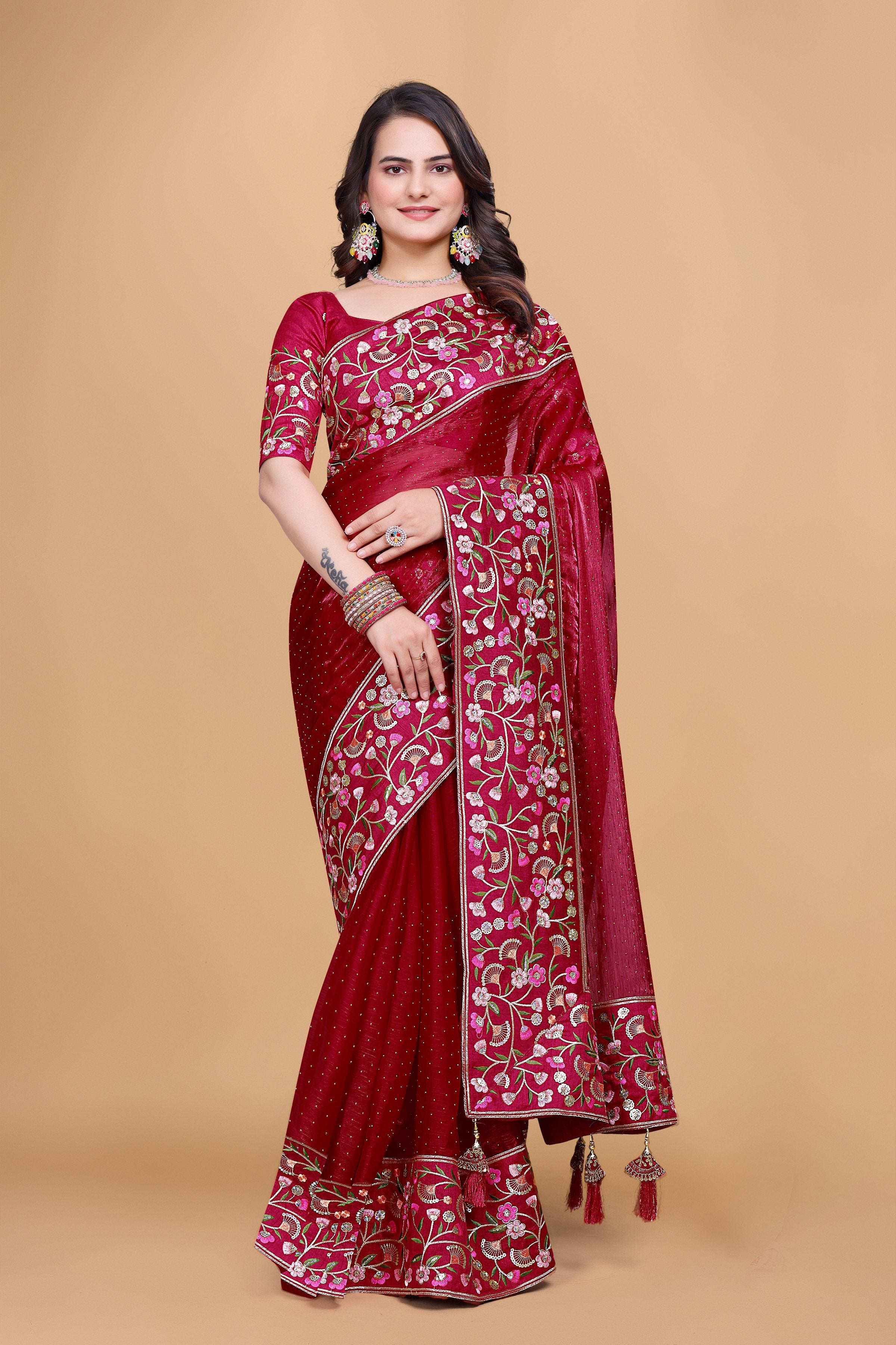 Red Chiffon Floral Embroidery With Resham Thread & Sequence Work Saree