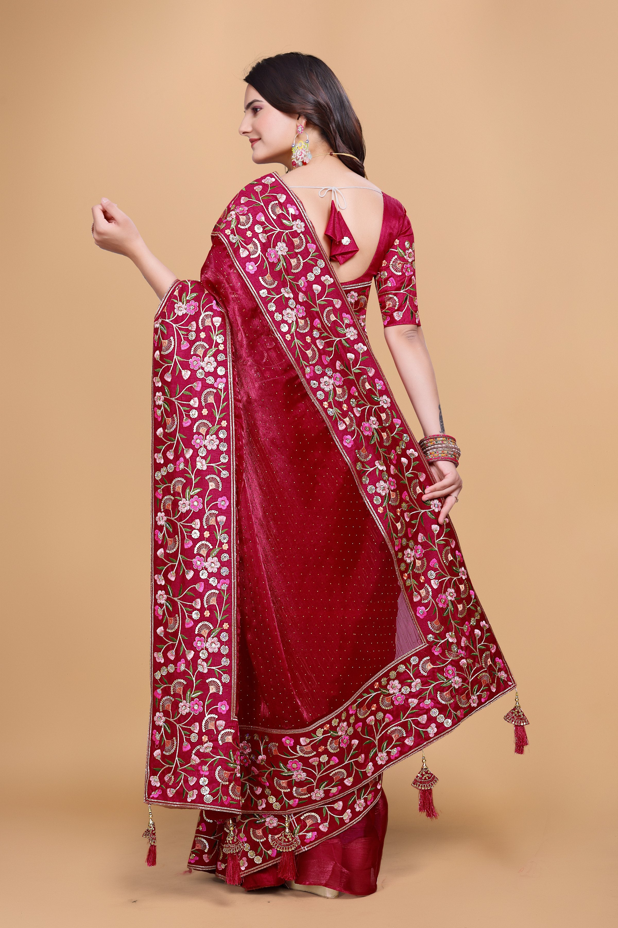 Red Chiffon Floral Embroidery With Resham Thread & Sequence Work Saree