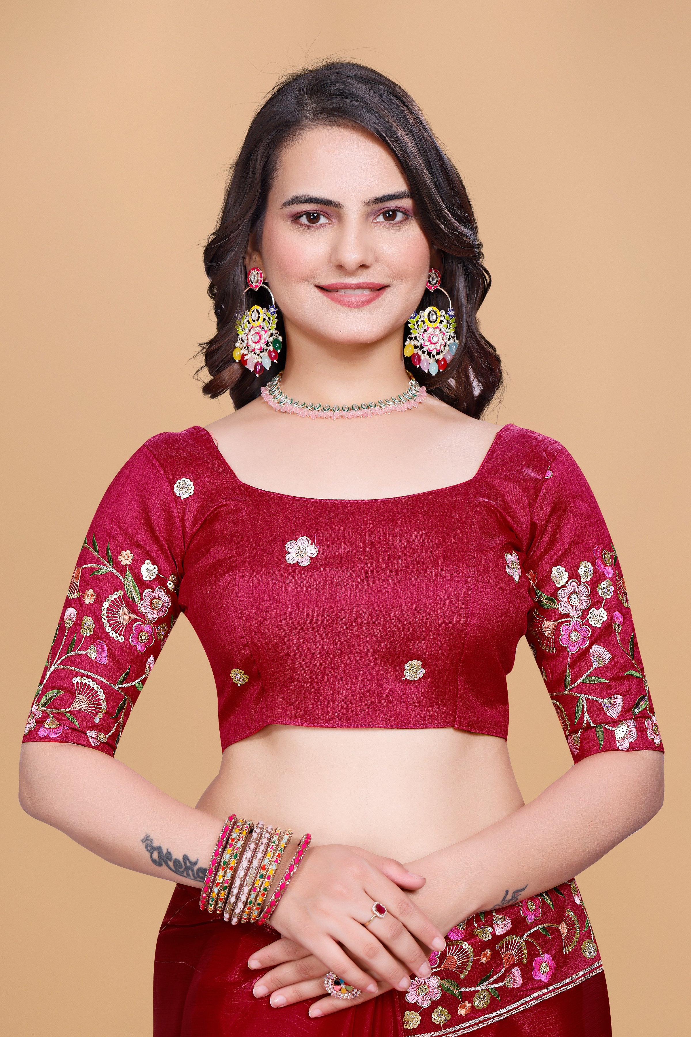 Red Chiffon Floral Embroidery With Resham Thread & Sequence Work Saree