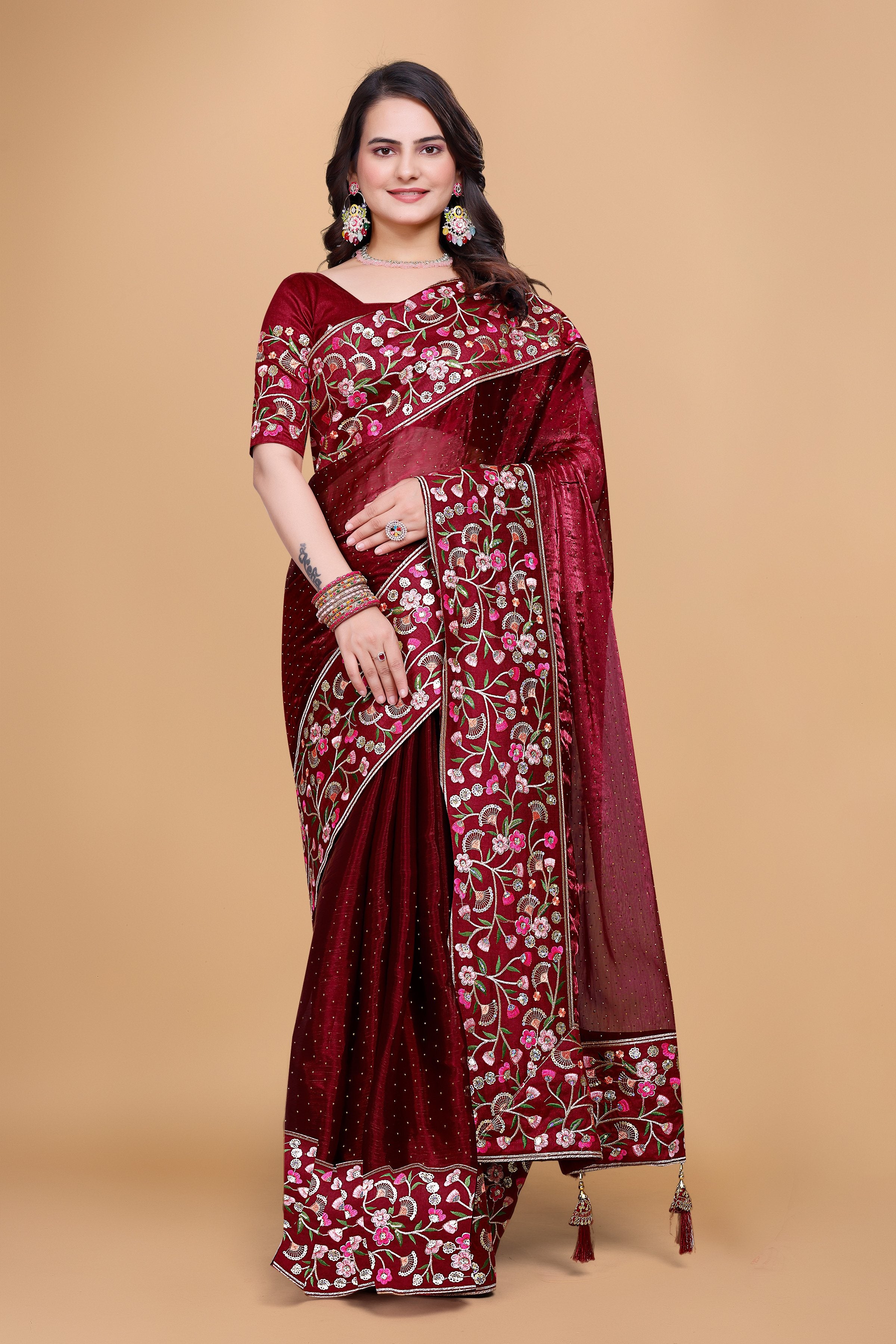 Maroon Chiffon Floral Embroidery With Resham Thread & Sequence Work Saree