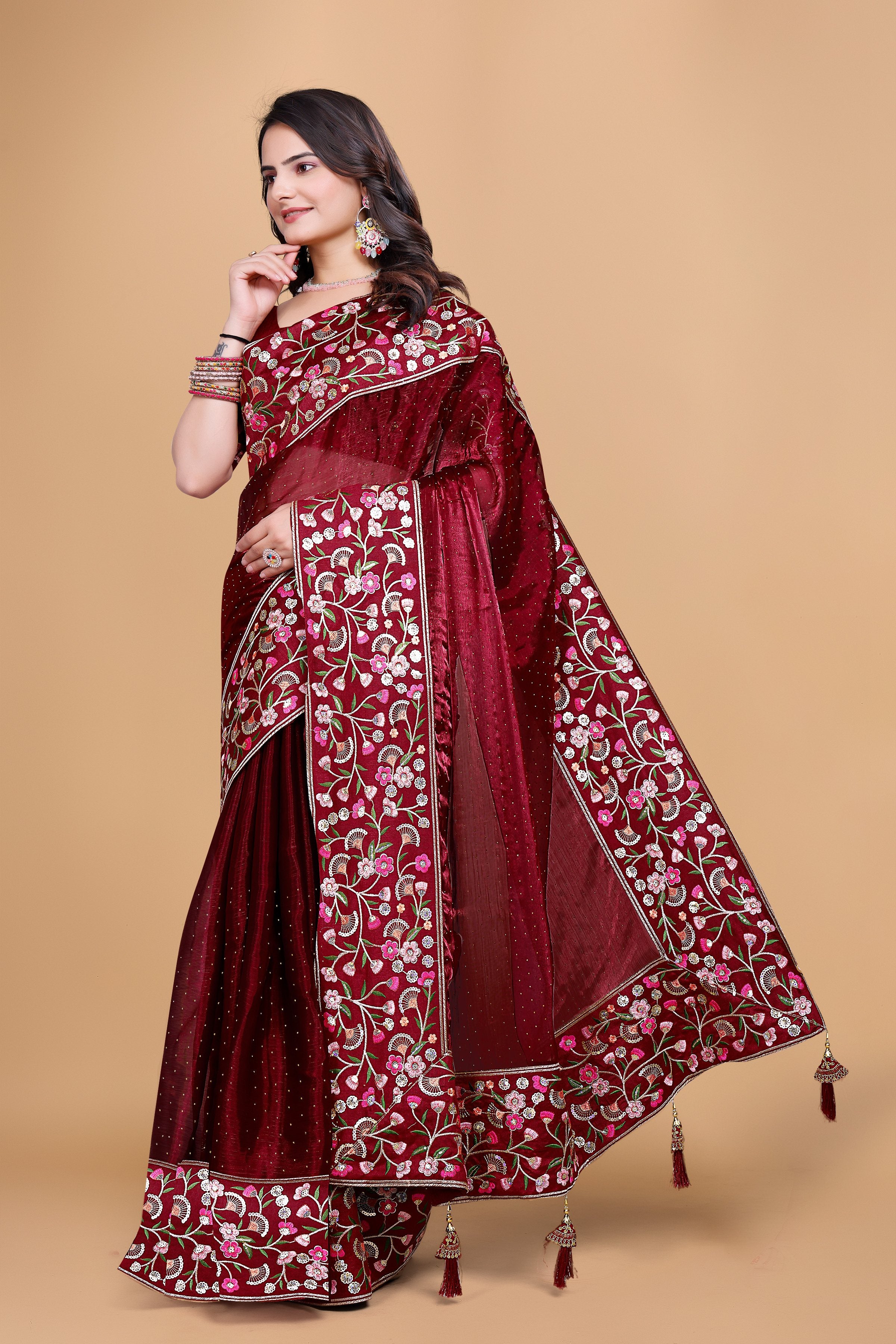 Maroon Chiffon Floral Embroidery With Resham Thread & Sequence Work Saree