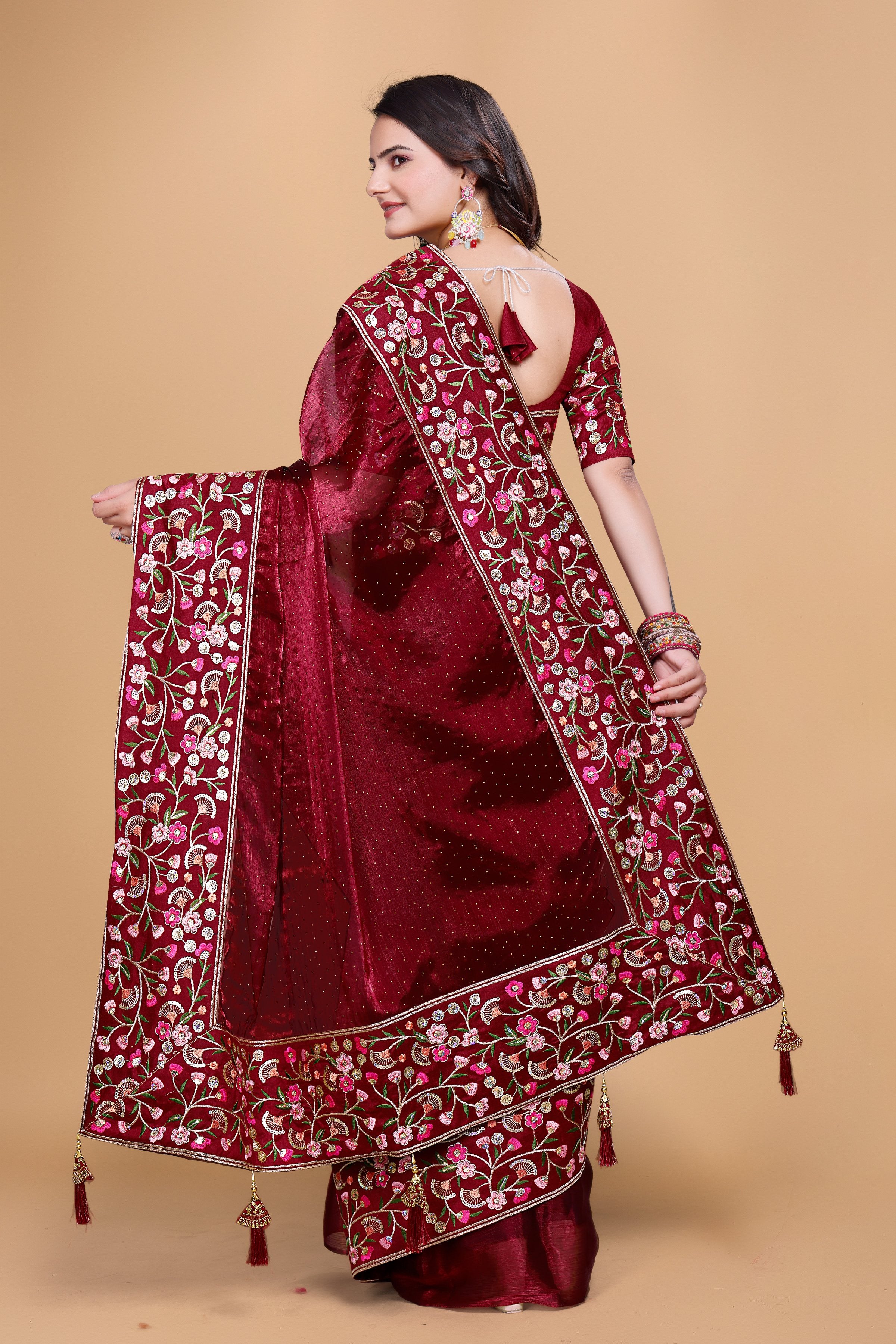Maroon Chiffon Floral Embroidery With Resham Thread & Sequence Work Saree