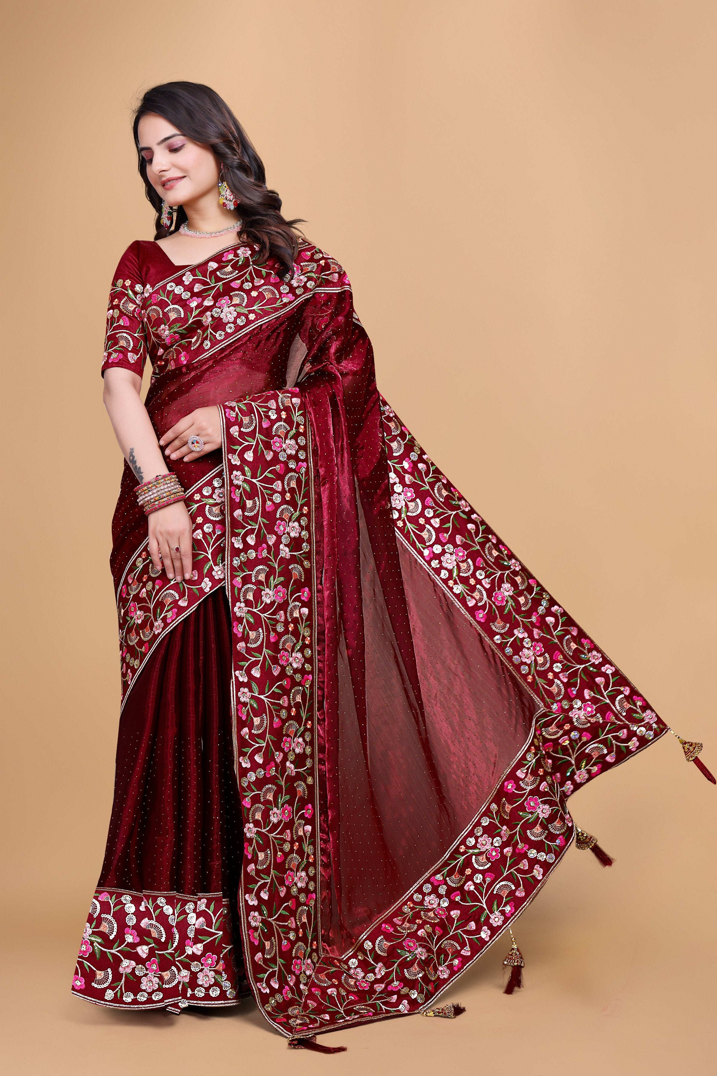 Maroon Chiffon Floral Embroidery With Resham Thread & Sequence Work Saree