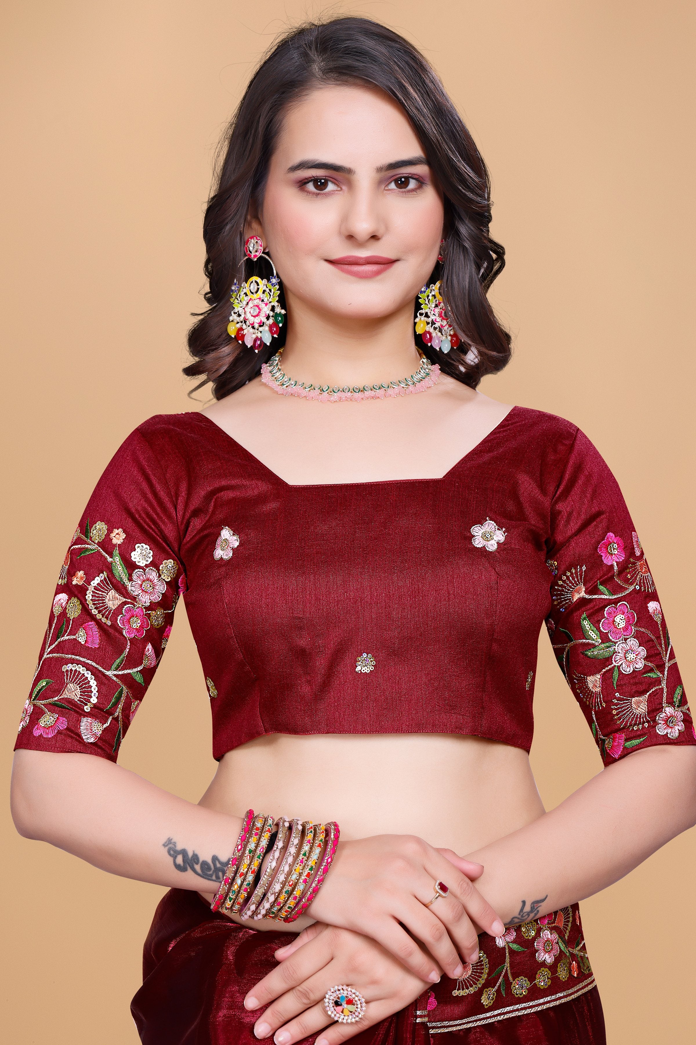 Maroon Chiffon Floral Embroidery With Resham Thread & Sequence Work Saree