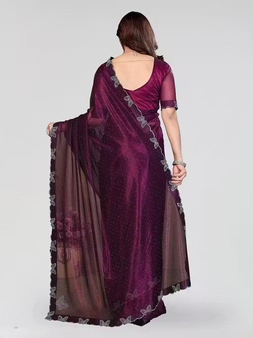 Wine Shimmer Tissue Saree with Butterfly Hotfix Lace Border