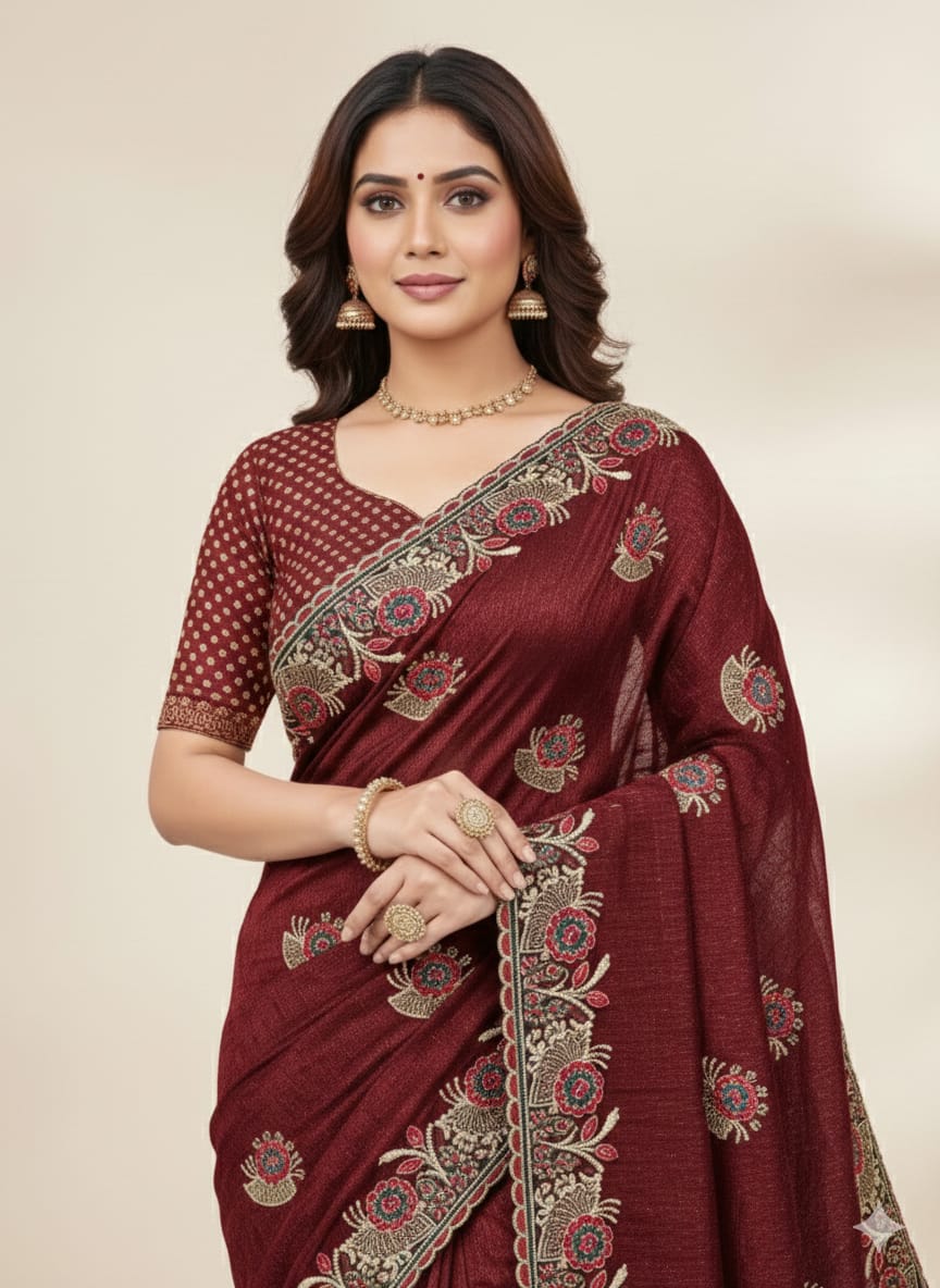 Maroon Embroidered Lycra Designer Saree
