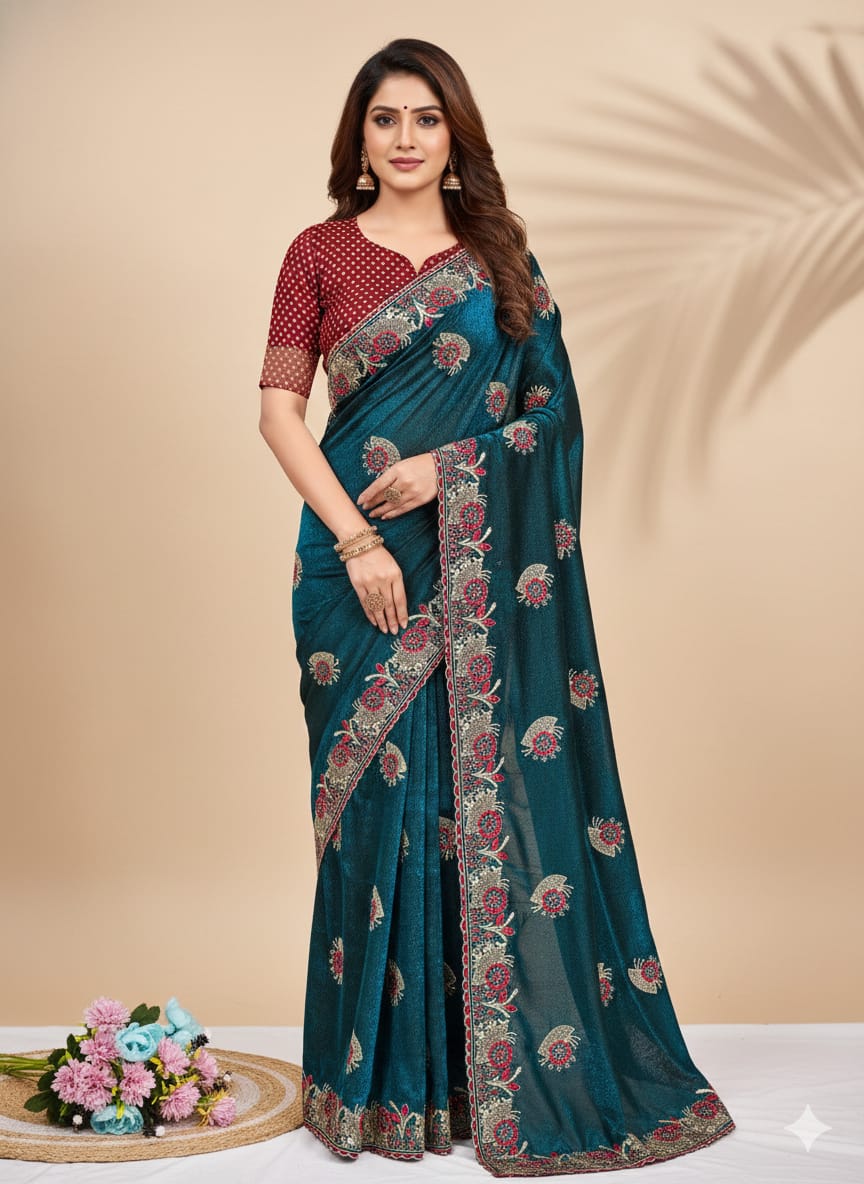 Teal Green Embroidered Lycra Designer Saree