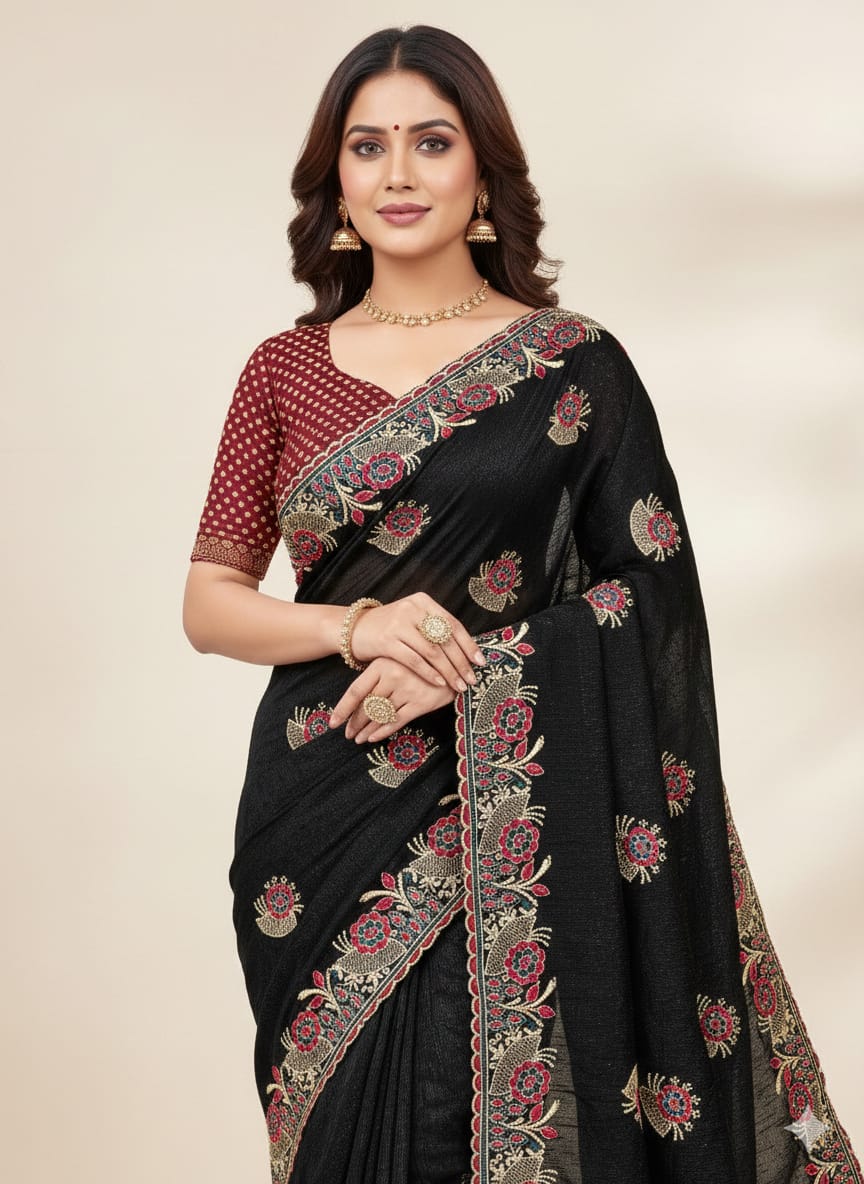 Black Embroidered Lycra Designer Saree