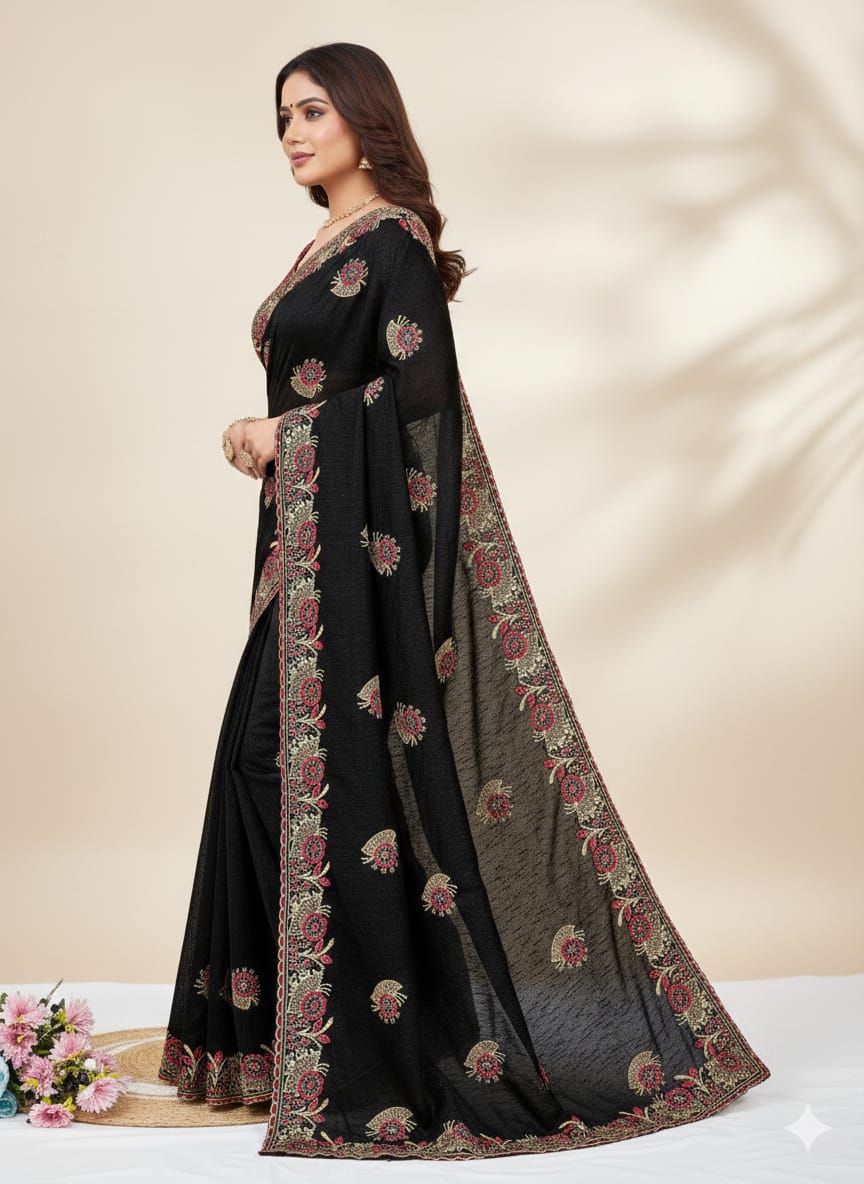 Black Embroidered Lycra Designer Saree
