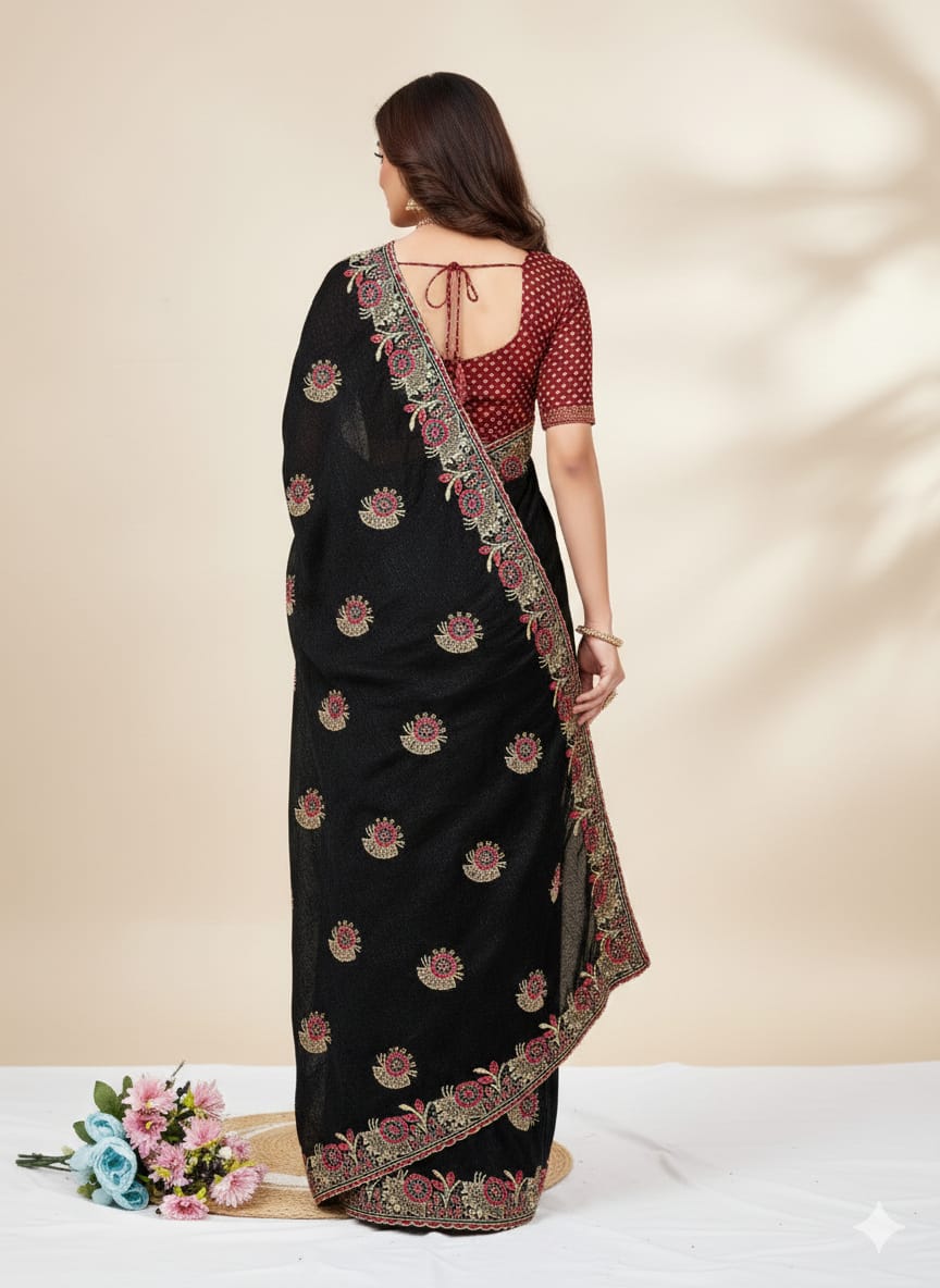 Black Embroidered Lycra Designer Saree
