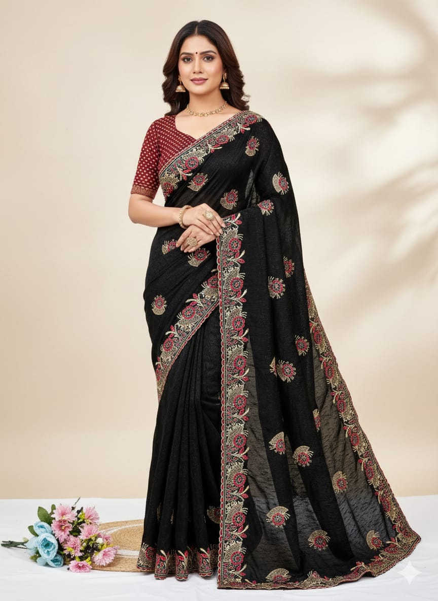 Black Embroidered Lycra Designer Saree