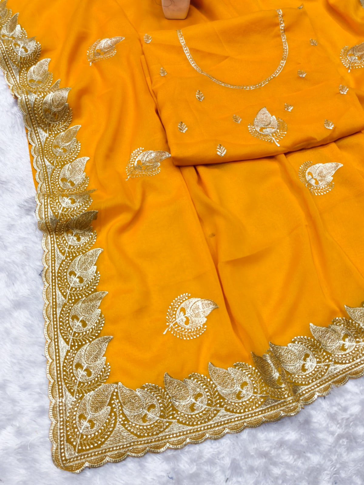 Zegoom Yellow Satin Silk Saree with Gold Paisley Embroidery