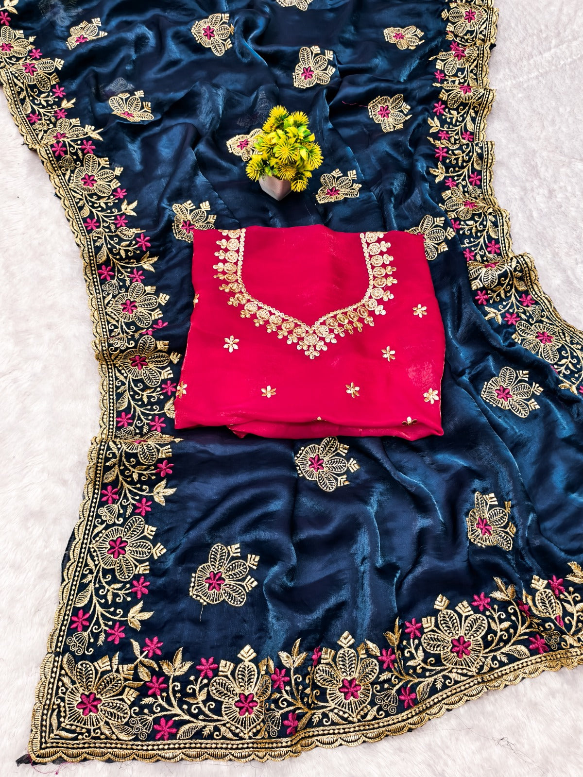 Designer Navy Blue Saree with Floral Embroidery and Zari Work