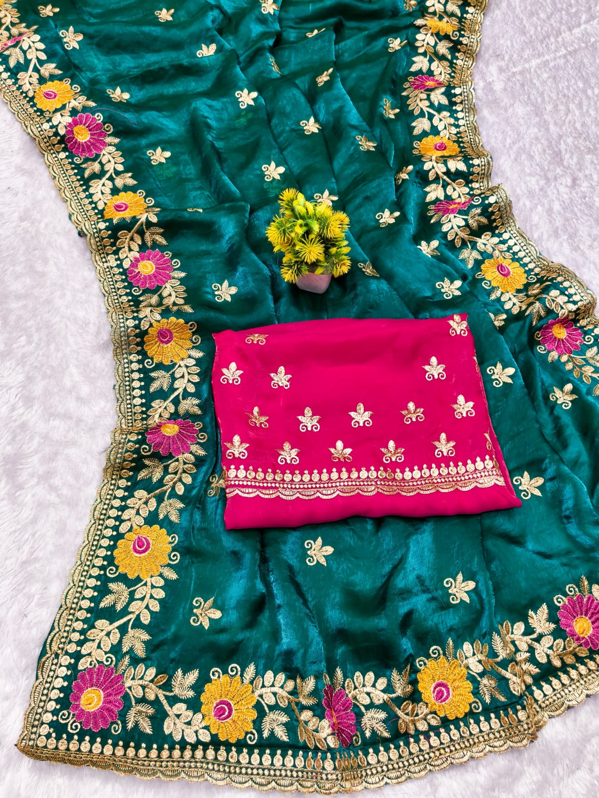 Designer Teal Floral Embroidered Saree with Fancy Border Work