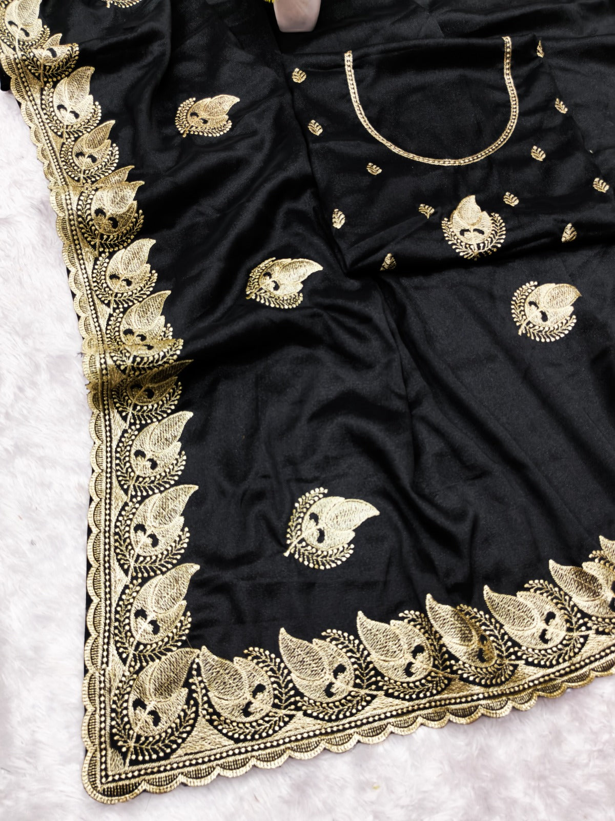 Zegoom Black Satin Silk Saree with Gold Paisley Embroidery