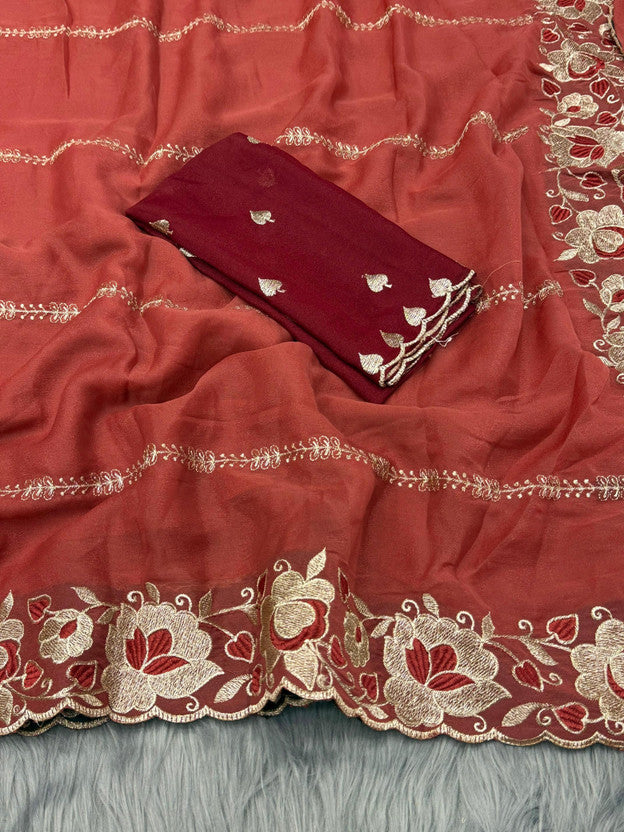 Zegoom Red Satin Silk Saree with Floral Embroidery & Scalloped Border