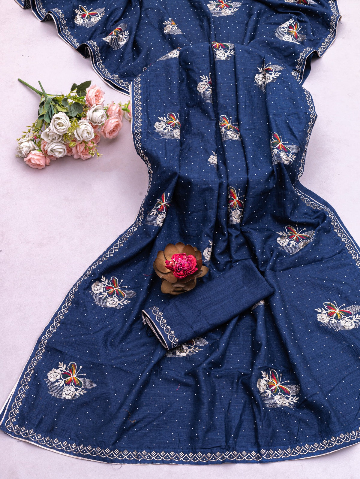 Party Wear Navy Blue Saree with Floral Embroidery and Stone Work Border