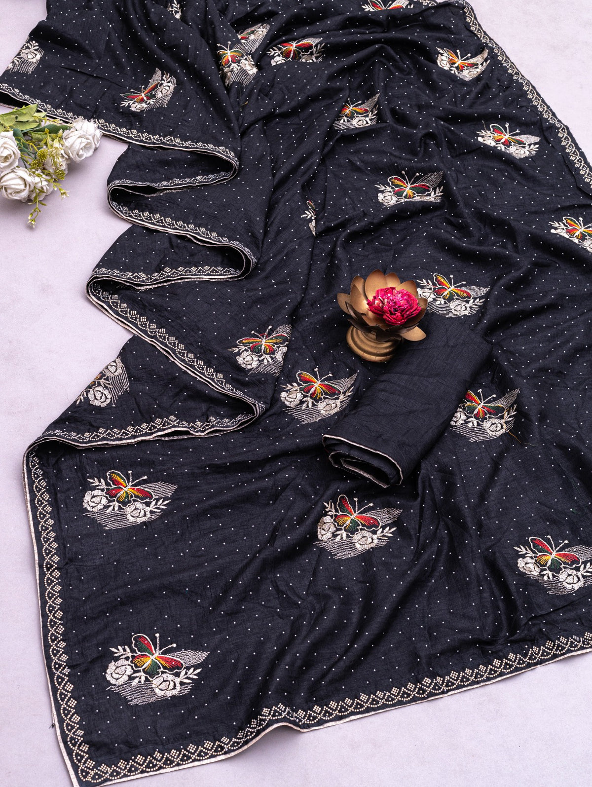 Designer Black Jimmy Choo Saree with Embroidered Floral Motifs and Stone Lace