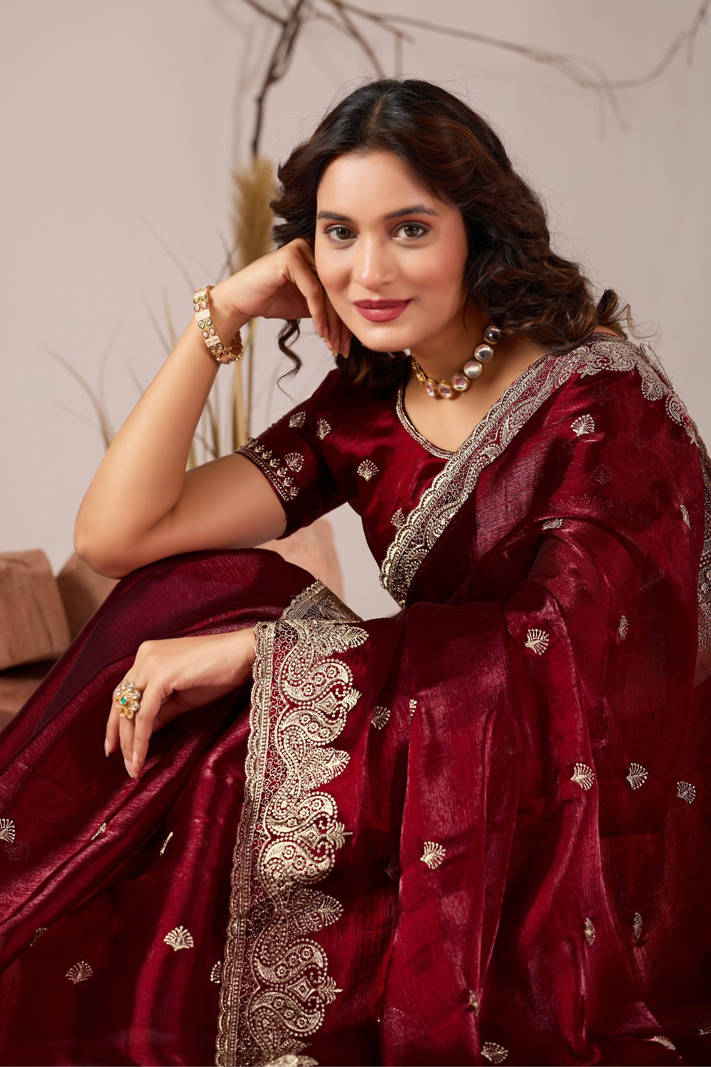 Maroon Jimmy Choo Embroidered Saree