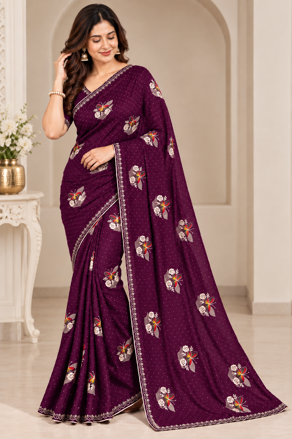 Purple Jimmy Choo Saree with Multicolor Floral Embroidery & Stone Work Lace Border