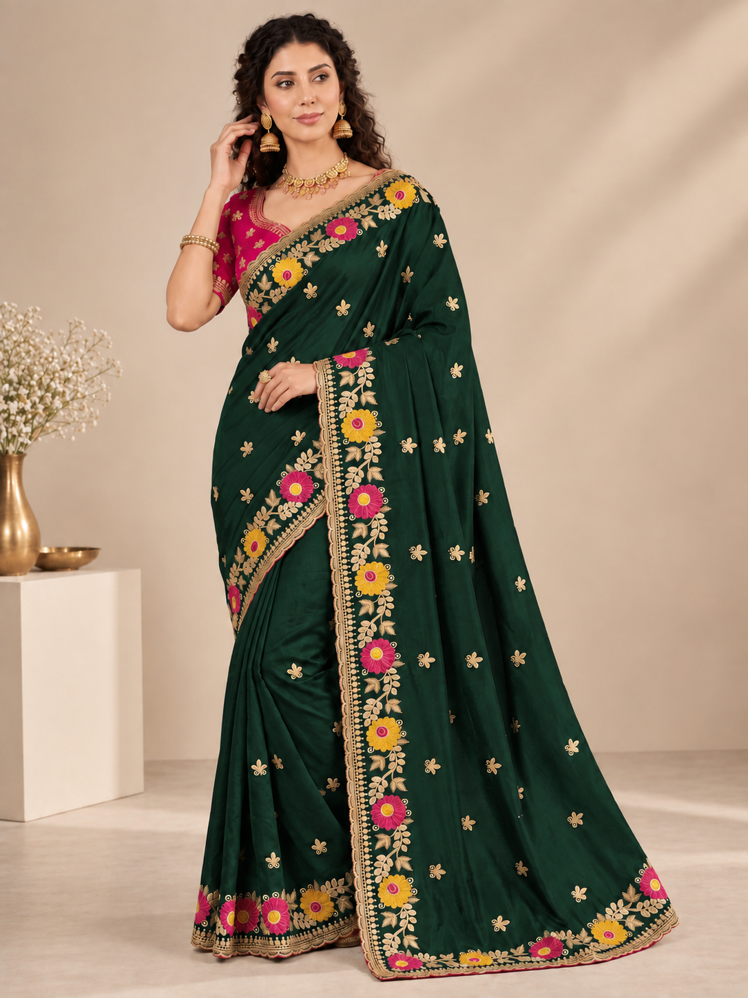 Designer Green Floral Embroidered Saree with Fancy Border Work