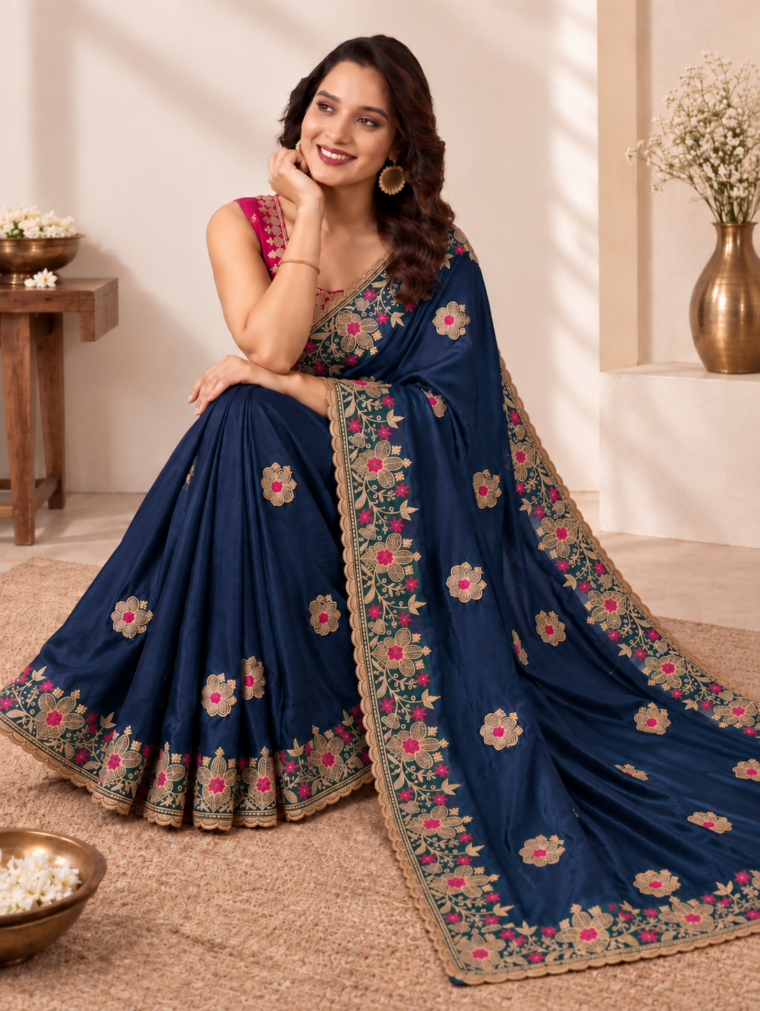 Designer Navy Blue Saree with Floral Embroidery and Zari Work