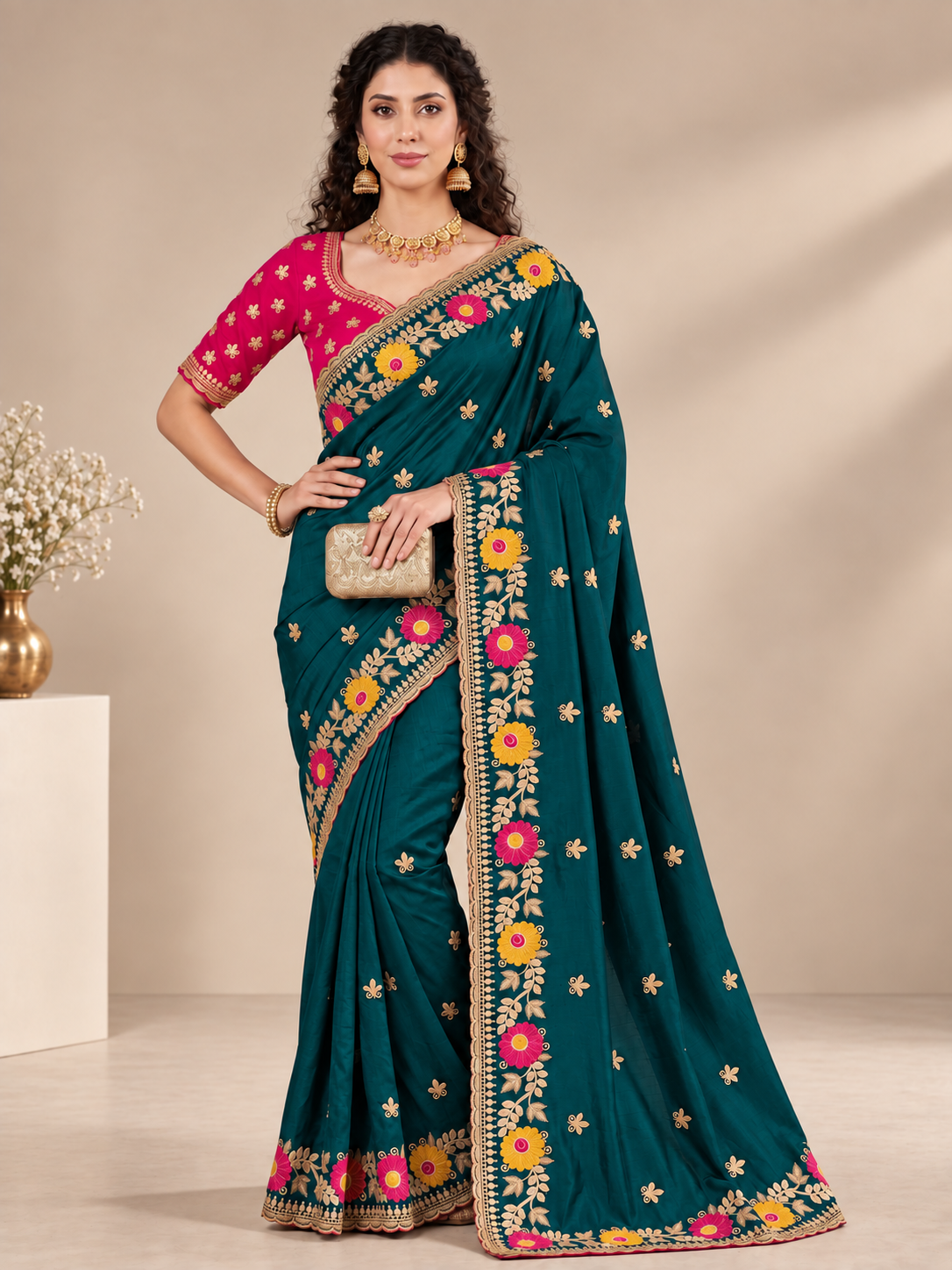 Designer Teal Floral Embroidered Saree with Fancy Border Work