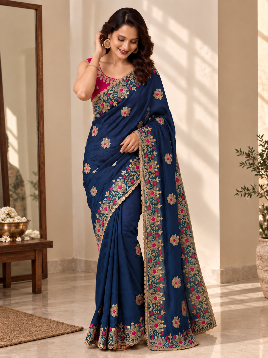 Designer Navy Blue Saree with Floral Embroidery and Zari Work